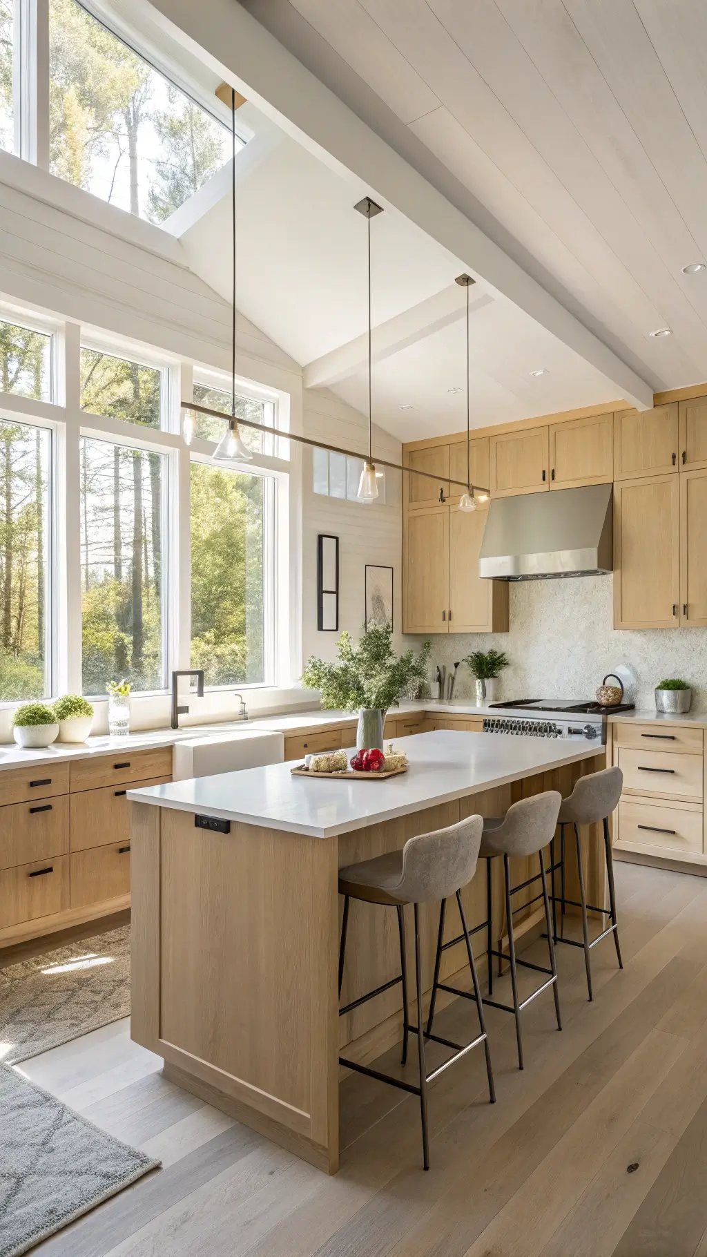 Modern birch kitchen with floor-to-ceiling cabinets, white quartz countertops, and a waterfall island. Morning sunlight streams through a large window above a farmhouse sink, illuminating brass barstools and fresh herbs on the windowsill. Scandinavian minimalist design with warm organic touches.