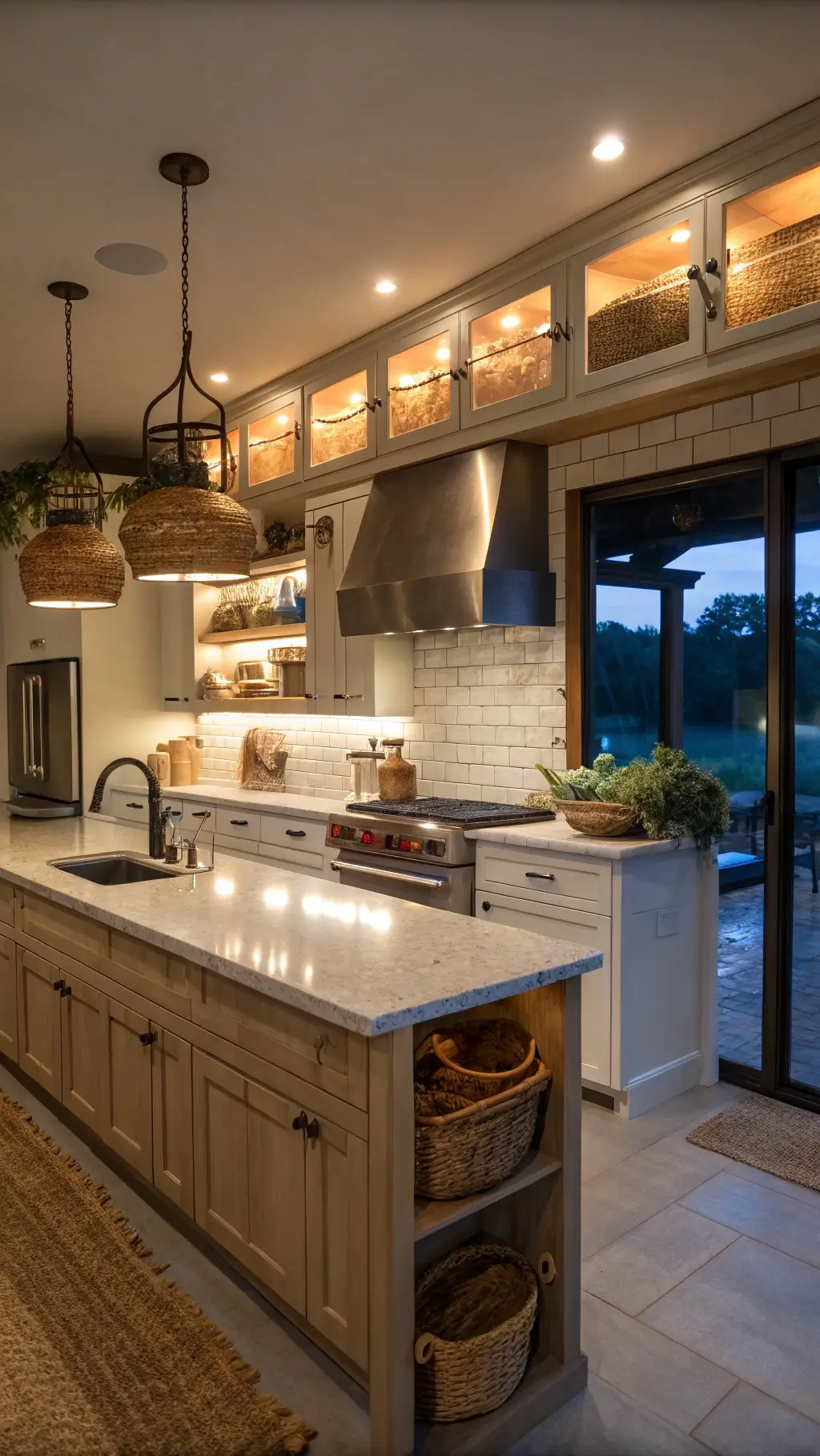 Warm, inviting kitchen at blue hour with birch cabinetry, stainless steel appliances, and copper cookware on open shelves. Pendant lights illuminate a 6ft island, while LED strips highlight workspace. Farmhouse sink with linen tea towels, woven baskets atop the refrigerator add texture. Soft-focus background, sharp cabinet detail.