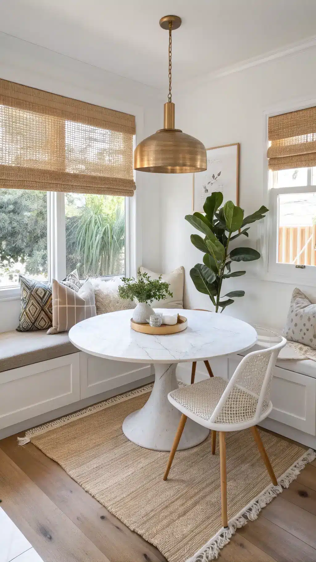 Sunlit breakfast nook with built-in birch banquette, round marble table, and brass pendant. White linen cushions add texture, while a potted fiddle leaf fig serves as a focal point. A natural jute rug grounds the space, with morning light casting soft shadows through wooden blinds.