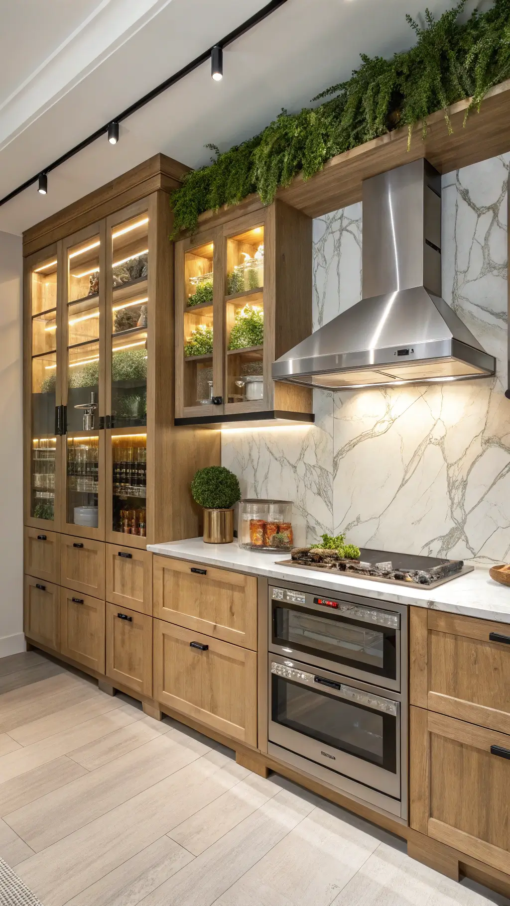 L-shaped 10x12ft modern kitchen with birch cabinets, glass-front pull-out pantry, marble backsplash, and professional-grade range with brushed steel hood. A wall-mounted herb garden in copper planters adds warmth. Strong side lighting enhances the wood grain.
