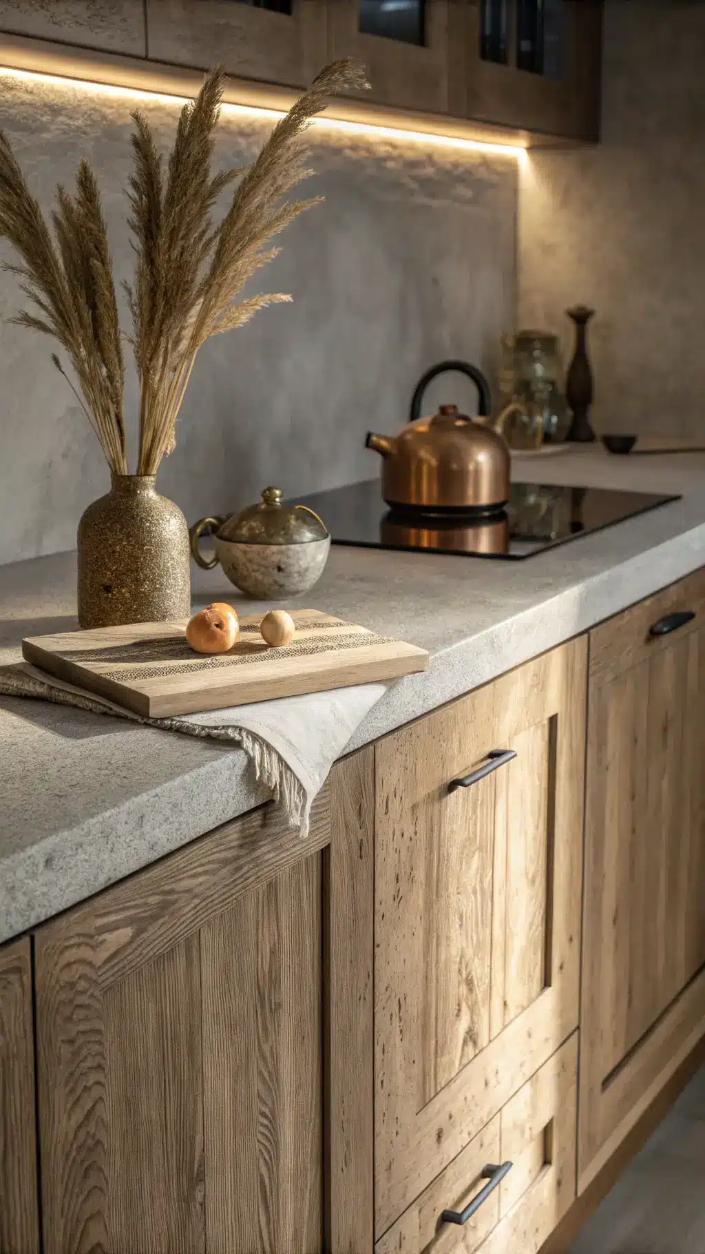 Close-up of birch cabinet corner meeting stone countertop under warm under-cabinet lighting. Artisanal ceramic vase with dried pampas grass adds organic texture. Copper kettle on induction cooktop reflects soft light. Natural linen runner introduces warmth. Wabi-sabi meets modern minimal design.
