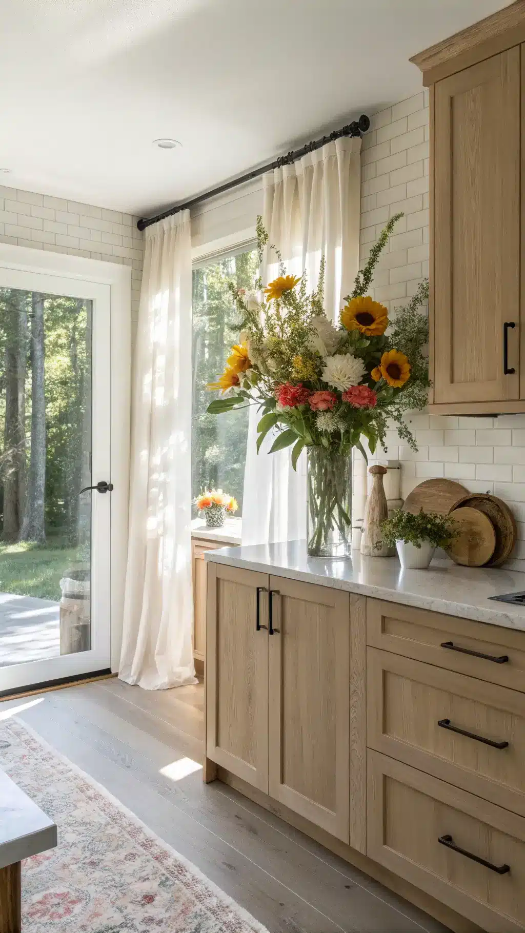 Summer kitchen vignette with bright afternoon light. Birch cabinets with a semi-gloss finish reflect natural light. Fresh-cut flowers in a tall glass vase on the counter. A white stone backsplash adds brightness. Linen curtains filter sunlight. Captured from counter height, emphasizing vertical lines with a soft, atmospheric effect. Modern organic style.
