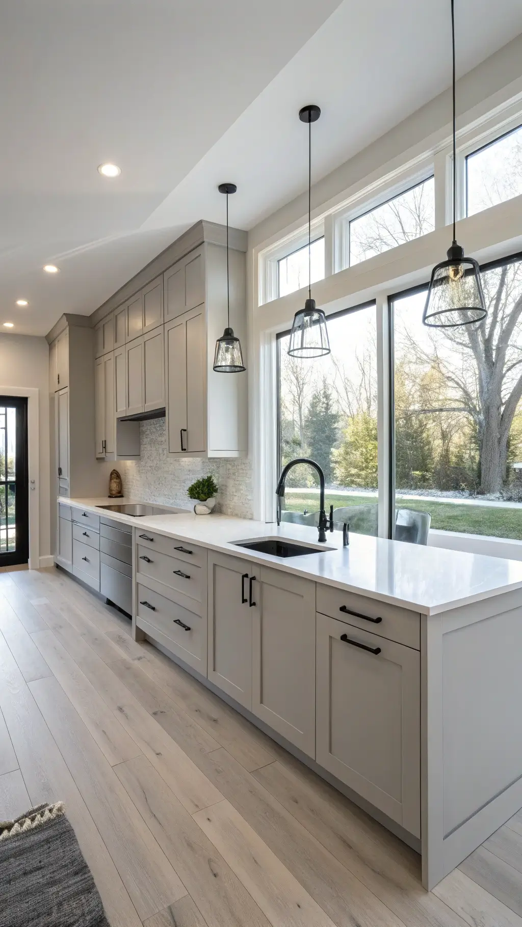 Modern minimalist kitchen with light grey handle-less cabinets, white quartz waterfall island, matte black faucet, and wide-plank white oak floors. Soft morning light streams through a large window above the sink, casting subtle shadows. Open shelving displays neatly arranged white ceramics, enhancing the clean, organized aesthetic.