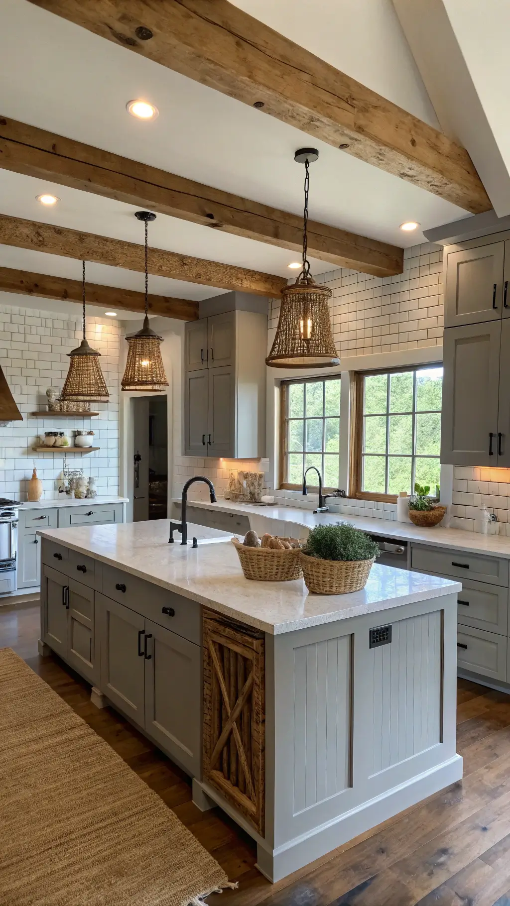 Farmhouse-inspired kitchen at golden hour with exposed wooden beams, 'Repose Gray' shaker cabinets, and aged bronze pulls. A butcher block island contrasts with white quartz perimeter counters. Vintage-style pendant lights cast a warm glow over the space, highlighting a white subway tile backsplash with light gray grout. Woven baskets and earthenware add natural textures and patina finishes throughout.