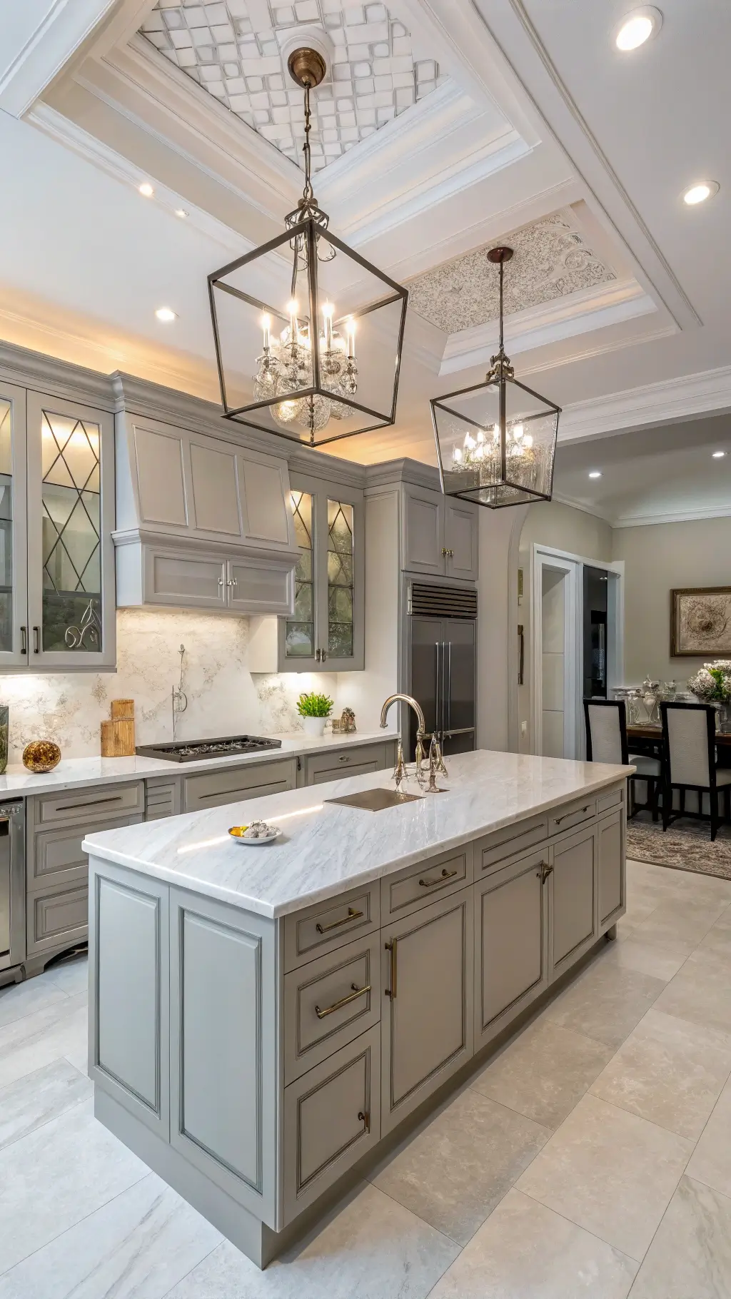 Transitional kitchen with afternoon light, 14x18ft space featuring a tray ceiling. 'Pavilion Gray' cabinets mix flat-panel and glass-front styles. Marble-look quartz counters with subtle veining, polished nickel hardware, and a bridge faucet. Herringbone soft white tile backsplash. Crystal chandelier over island creates prismatic light play. Professional-grade stainless appliances. Dramatic diagonal camera view.