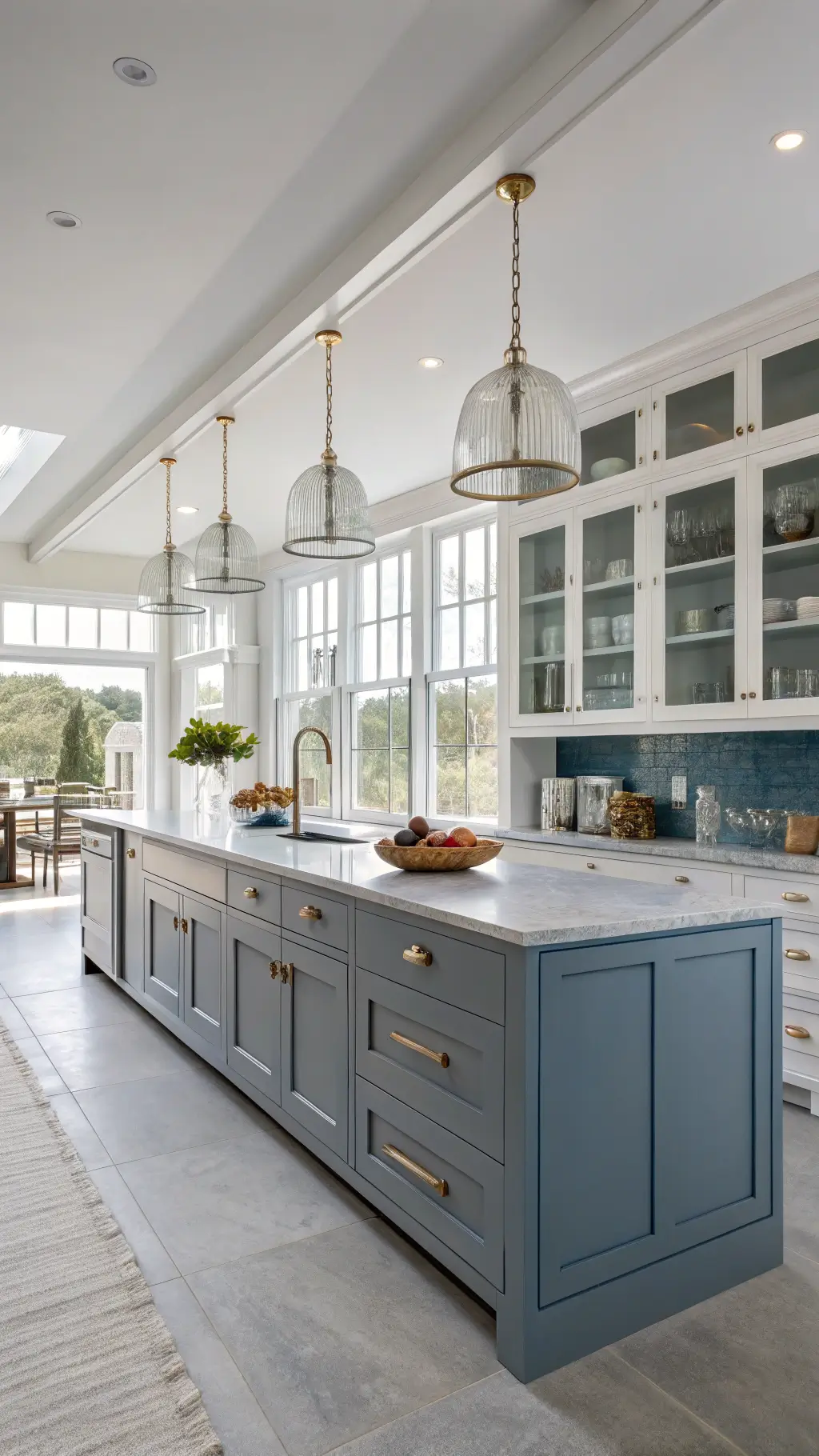 Contemporary coastal kitchen with 'Silver Drop' cabinets, blue-grey island, and textured glass pendant lights. White oak open shelving with coastal decor. Concrete-look porcelain floors and geometric grey backsplash. Bright, airy space with a window wall bringing in natural light.