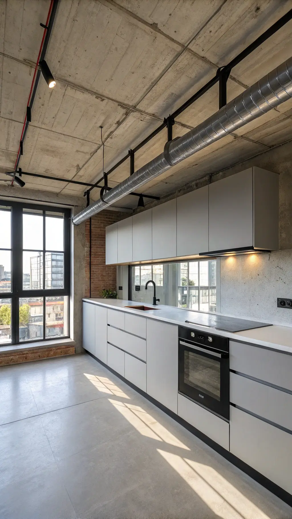 Industrial-modern kitchen with light grey flat-panel cabinets, stainless steel countertops, black metal window frames, exposed ductwork, and LED strip lighting casting dramatic shadows. Concrete ceiling and minimalist black and chrome decor emphasize strong geometric elements.