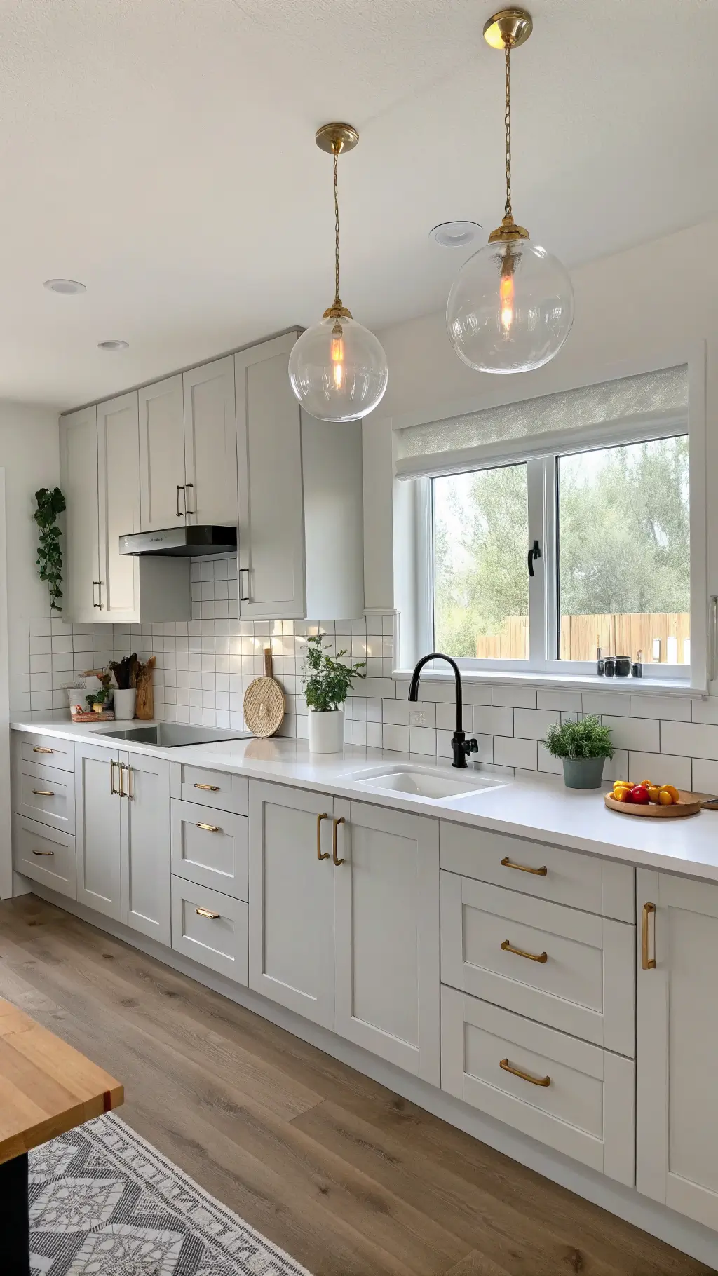 Scandinavian-style kitchen with white walls, pale grey cabinets with wooden handles, and white solid surface counters. Round frosted glass pendant lights hang above. Light wooden flooring and minimal decor in neutral tones with black accents. A breakfast nook is visible, enhancing the bright and serene atmosphere.