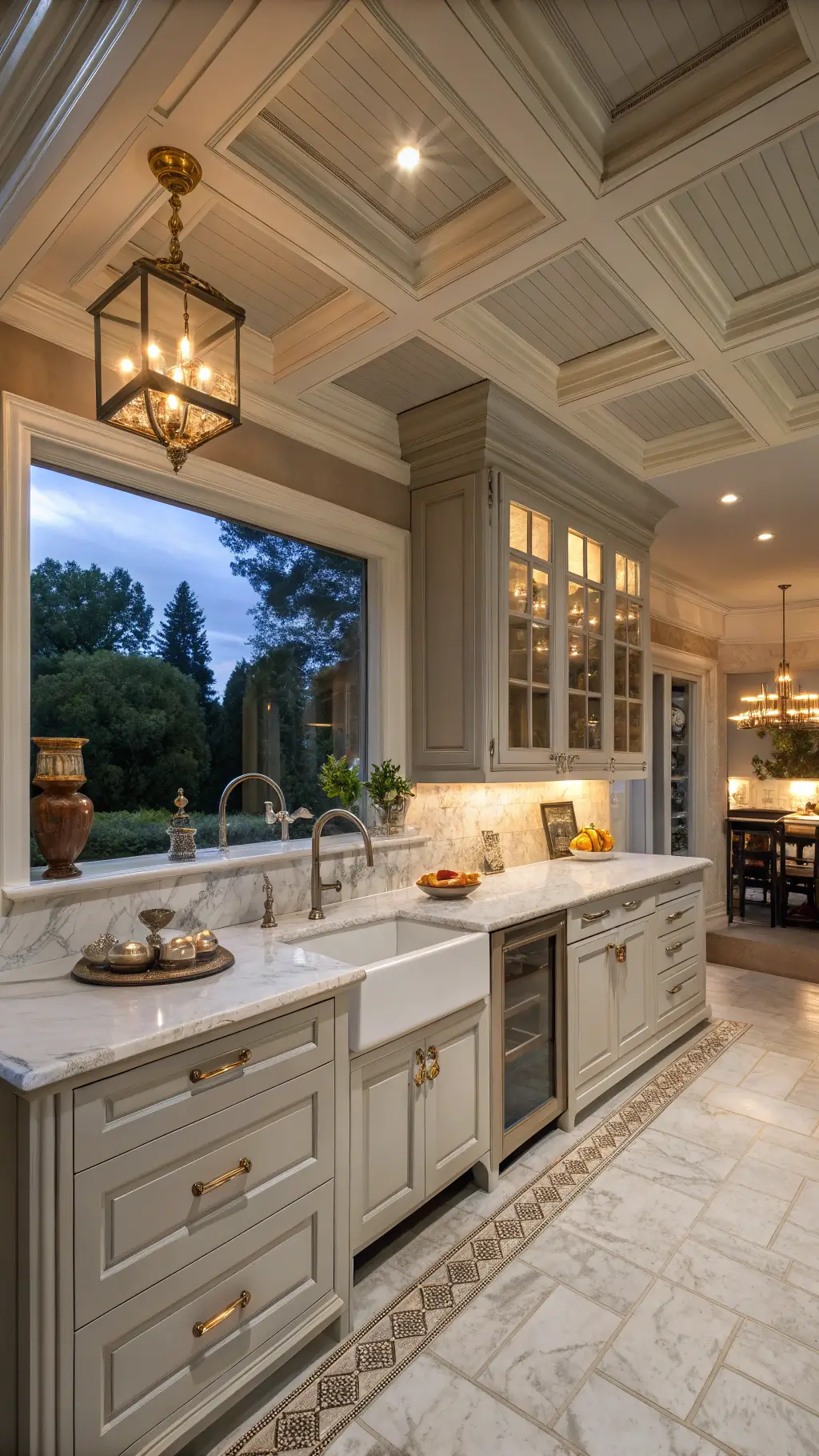Elegant fusion kitchen at dusk with coffered ceiling. Light grey inset cabinets with crystal knobs, Calacatta marble counters, and full-height backsplash. Antique brass lighting and warm under-cabinet glow highlight classic pottery and copper accents. Symmetrically framed view showcasing rich textures in a neutral palette.