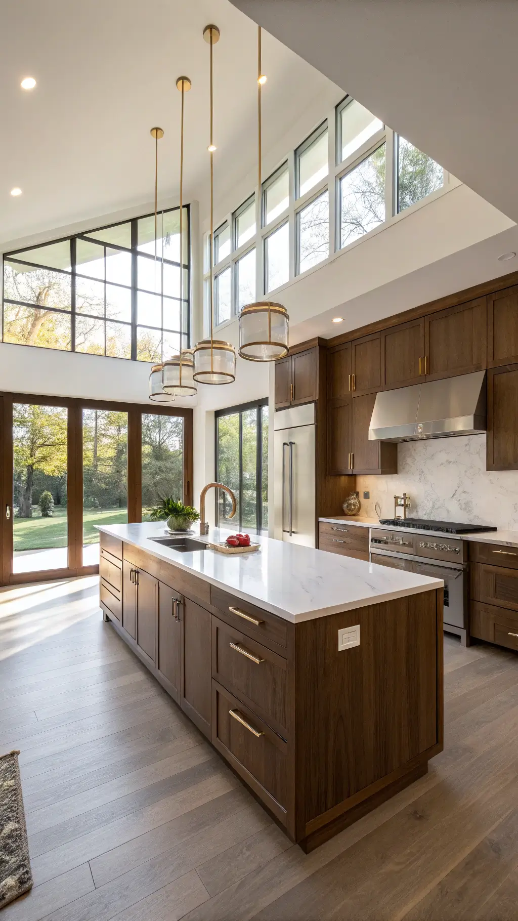 A spacious modern kitchen with walnut cabinets, a white quartz waterfall island, and brushed brass accents, bathed in morning light from floor-to-ceiling windows.