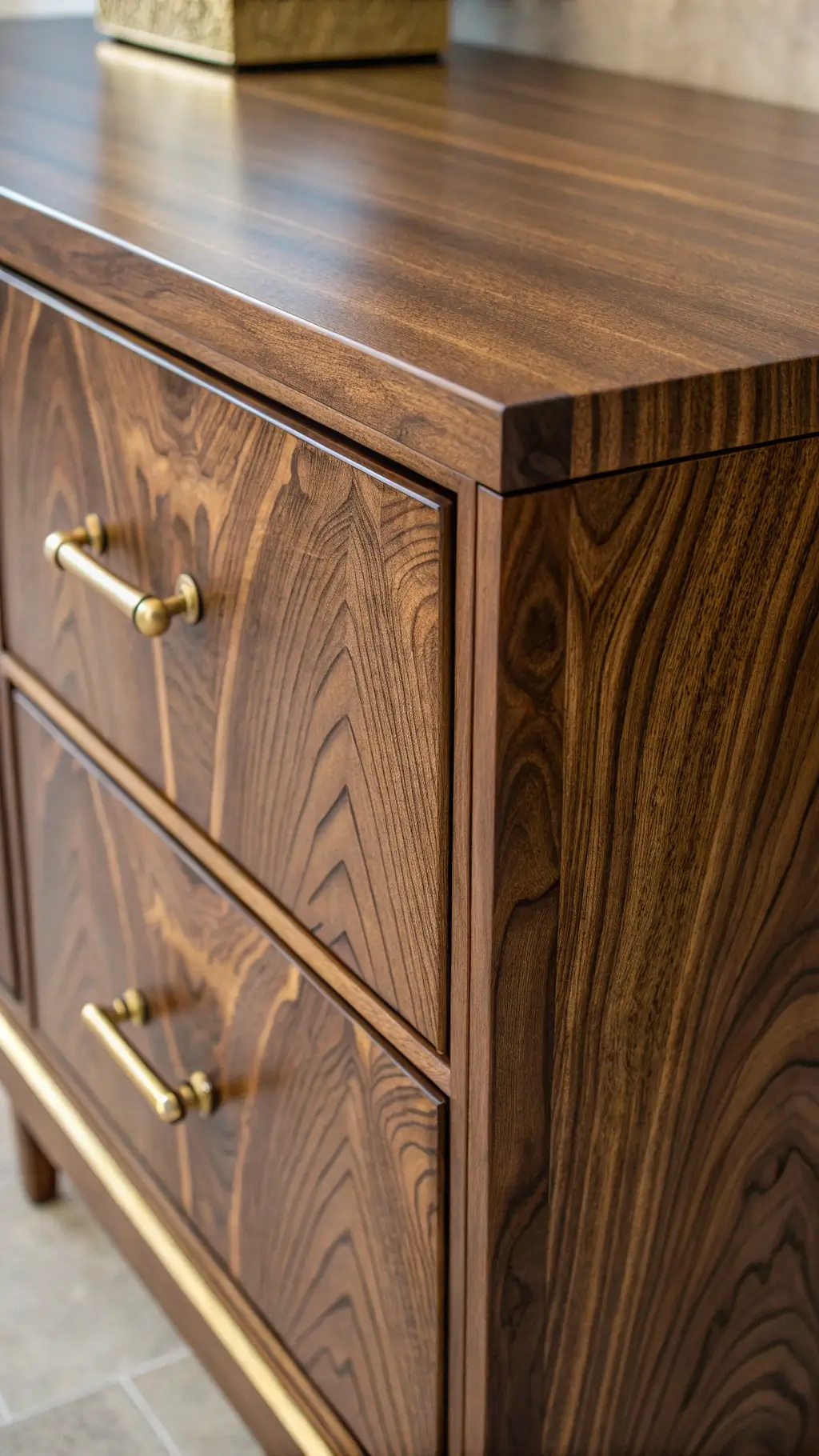 Close-up of a luxury walnut cabinet corner with a brushed brass handle, showcasing rich wood grain and warm afternoon light.