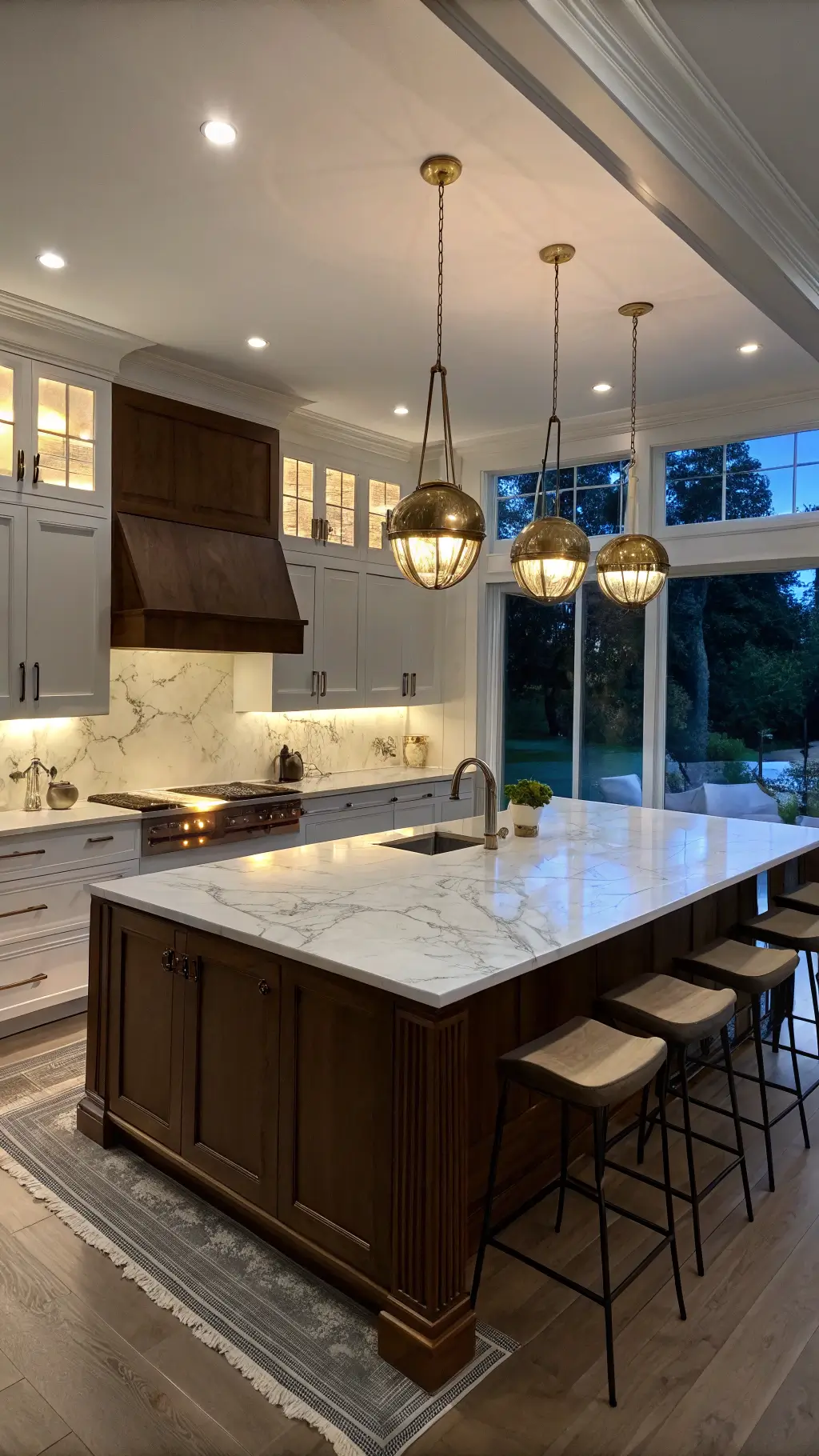 Dramatic twilight kitchen with walnut and white color scheme, featuring a 12ft Calacatta marble island. Under-cabinet LED lighting casts a warm glow on the white backsplash. Three oversized brass pendant lights reflect off glossy surfaces. Shot from an elevated position near the dining area, capturing the kitchen’s full depth with a cinematic blend of light temperatures.