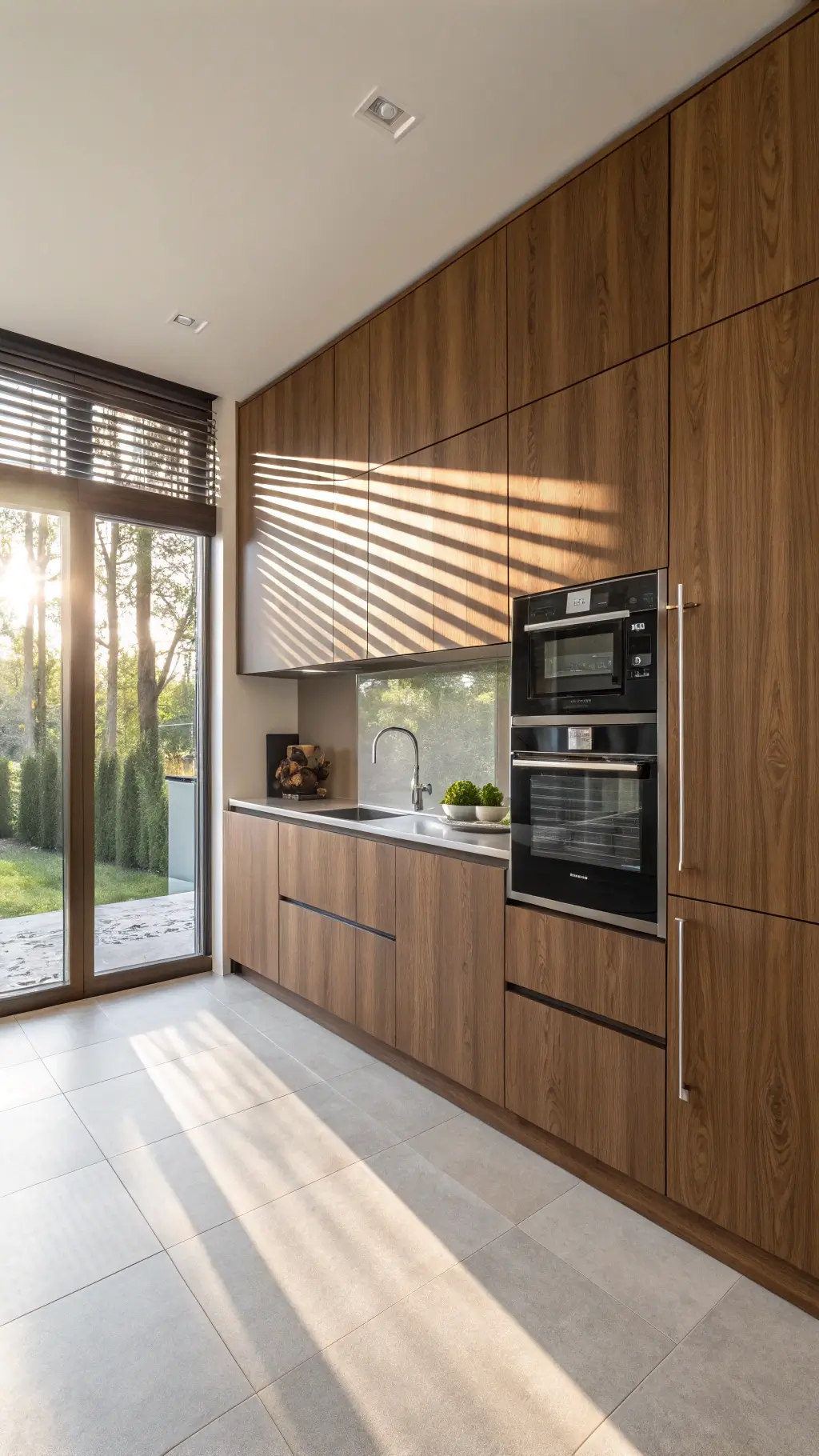 Minimalist walnut kitchen corner with seamless 10ft-high cabinets and hidden handles. Integrated appliances blend into the design. Afternoon sun casts diagonal light patterns through window slats, highlighting the wood grain.