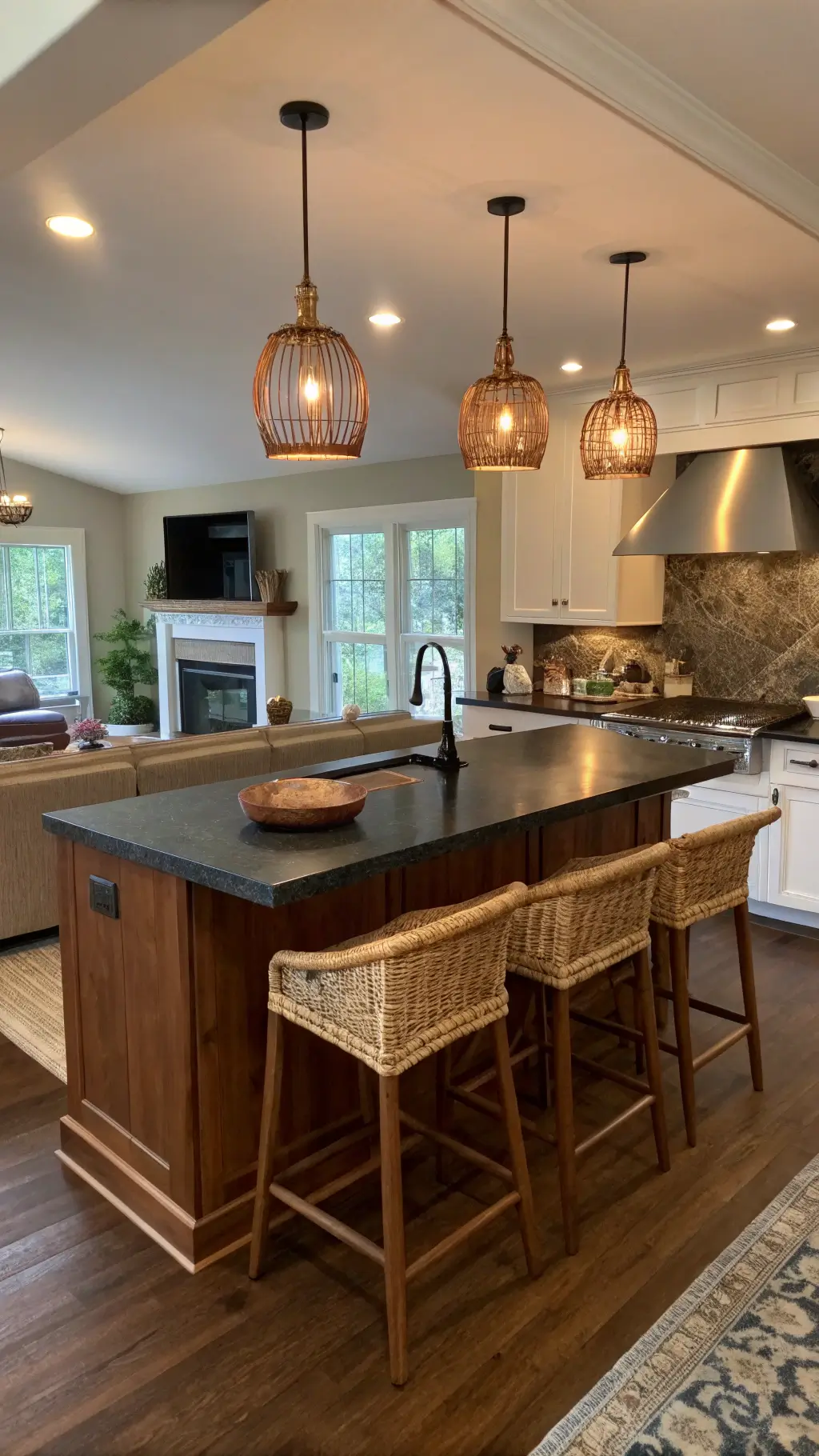 Open concept kitchen-living space featuring a walnut island with dark granite top, copper pendant lights, and natural fiber bar stools, captured from the living room during golden hour with warm LED accents.