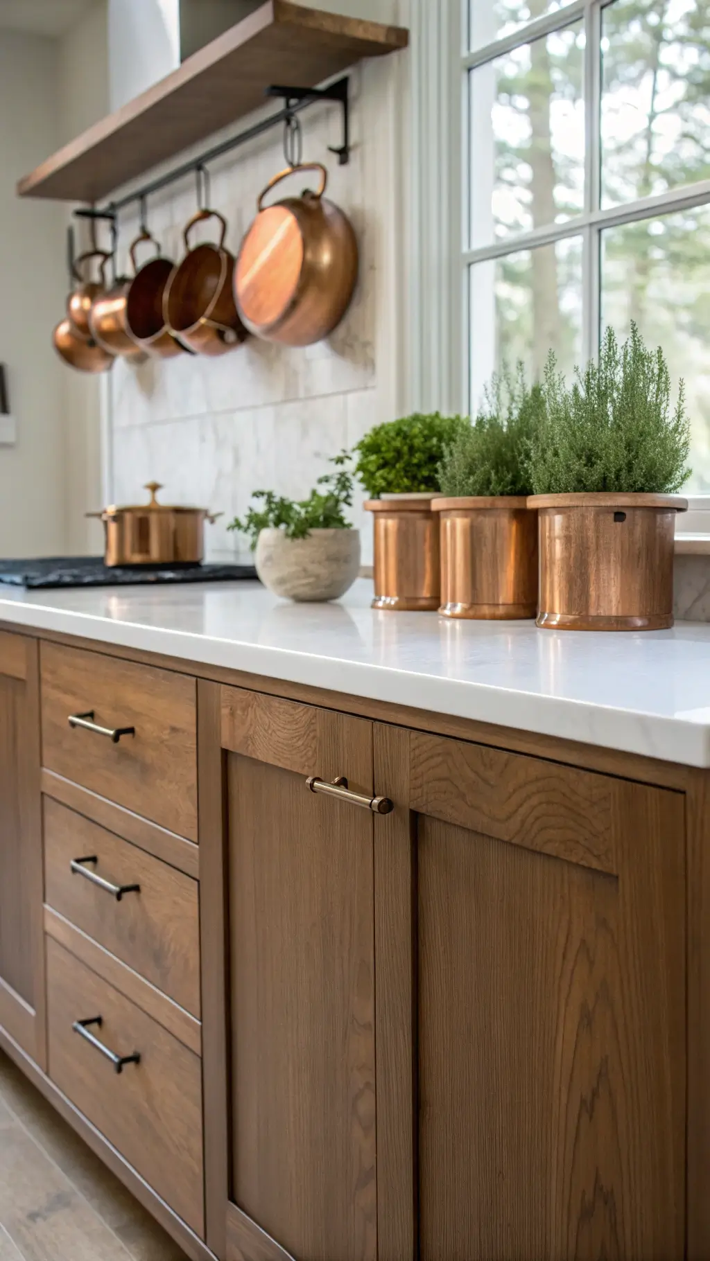 Close-up of walnut cabinet meeting white quartz countertop, highlighting texture. Copper cookware hangs above a professional range. Ceramic planters with herbs add greenery. Soft late morning light enhances material details.