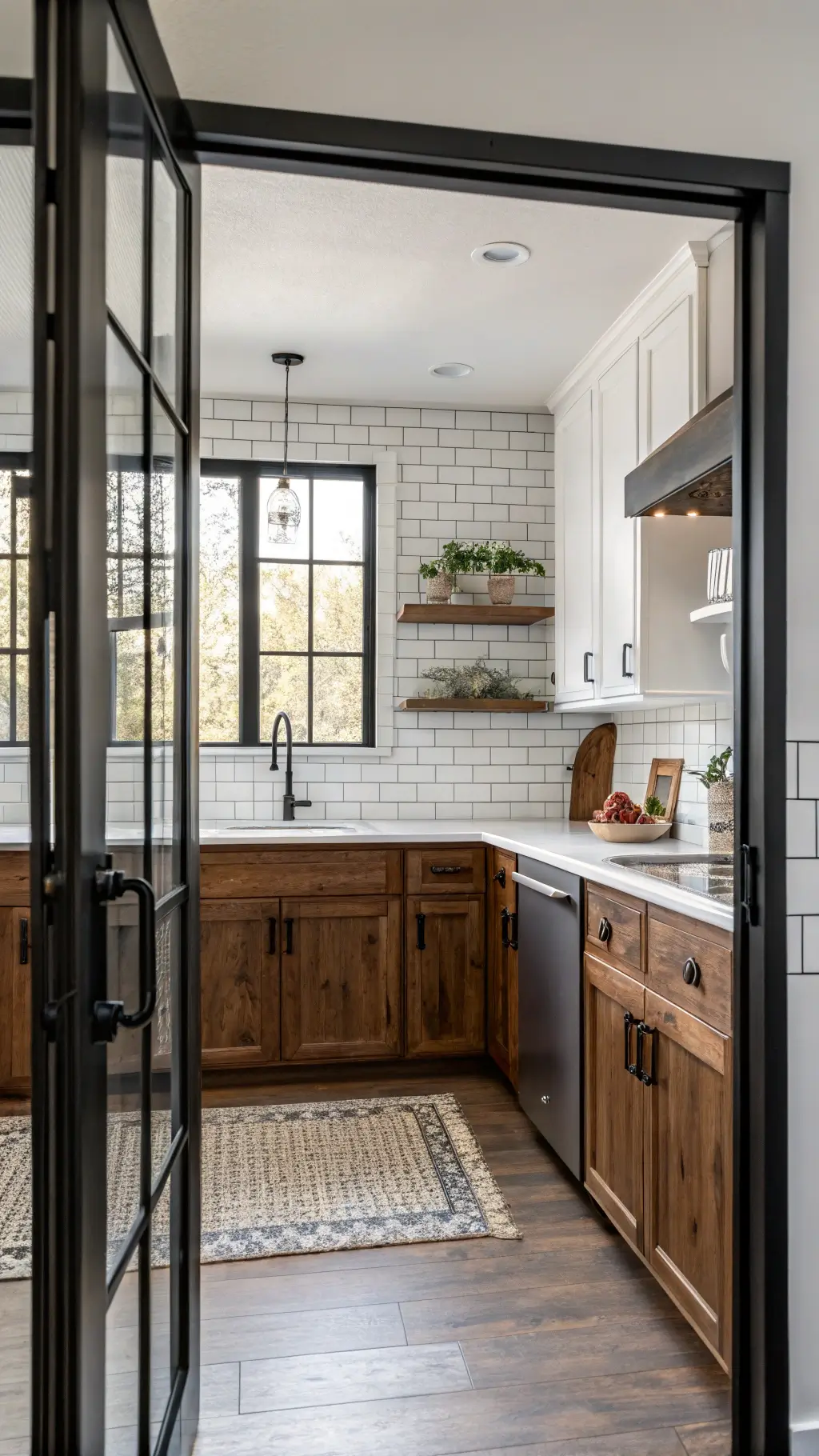 Modern farmhouse kitchen with walnut lower cabinets and white upper cabinets. Subway tile backsplash extends to the ceiling. Black metal window frames add contrast. Soft, even natural light highlights textures and materials.