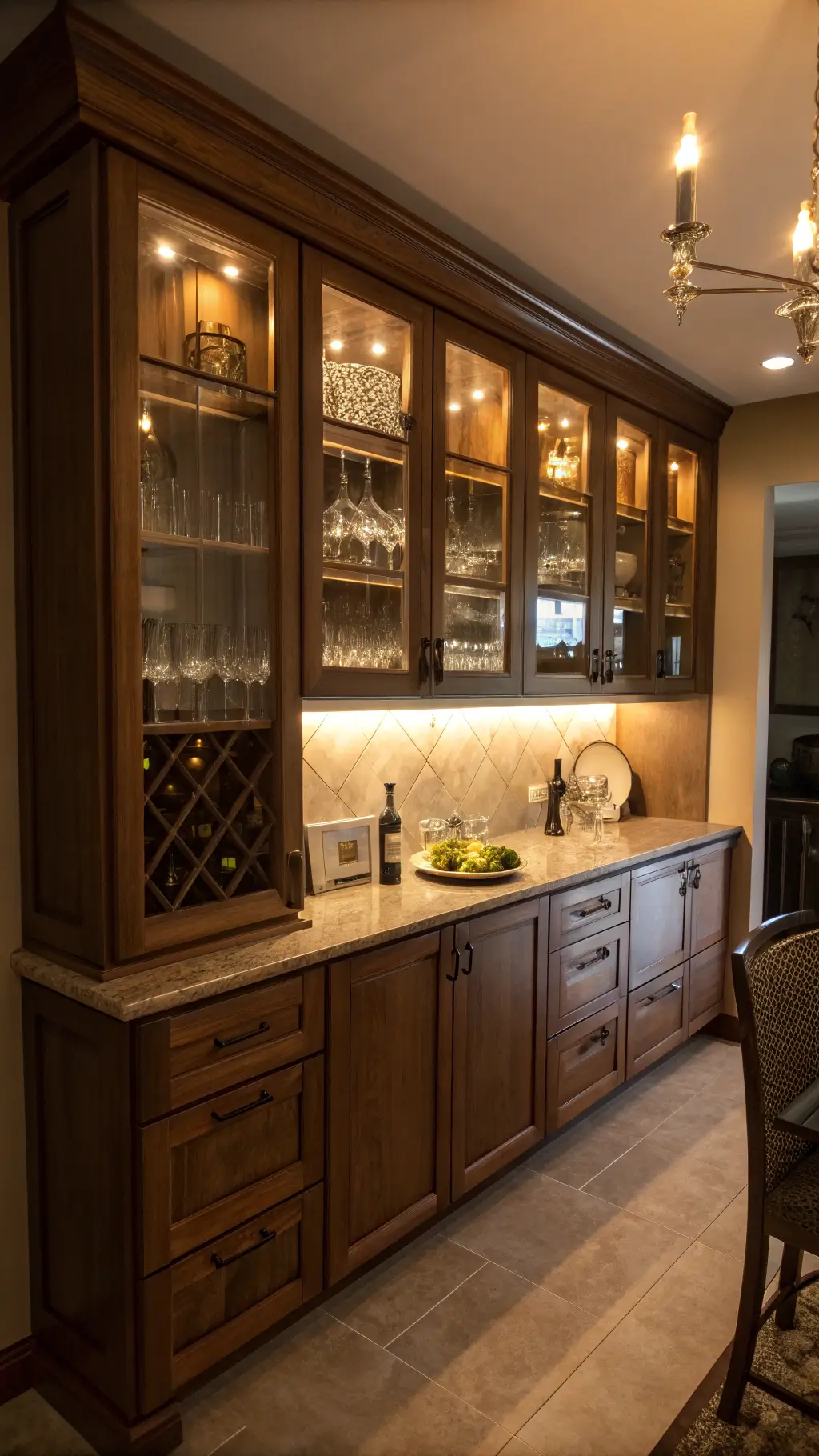 Evening kitchen scene with illuminated under-cabinet and interior cabinet lighting. Glass-front walnut cabinets showcase stemware, and integrated wine storage emits a warm glow. Viewed from a dim corner, emphasizing the dramatic lighting.