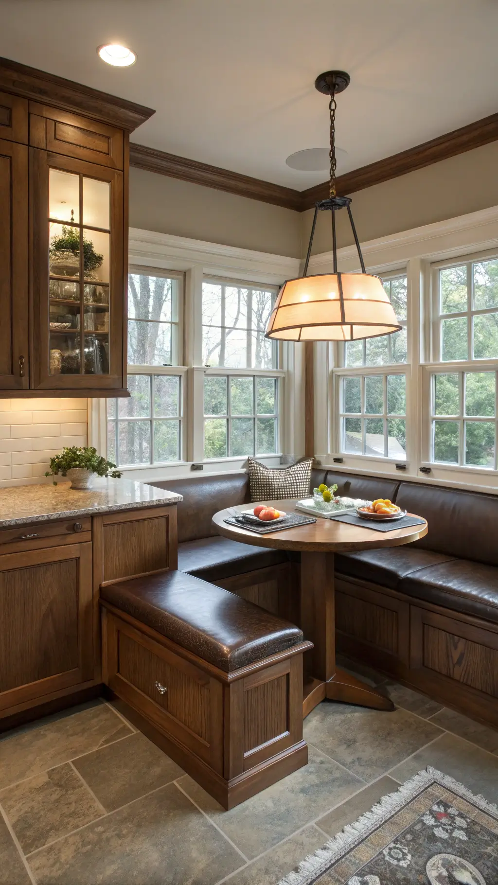 Breakfast nook with wrap-around walnut cabinetry, built-in bench seating with leather cushions, and a round table under a pendant light. Early morning light enhances the atmosphere, with a view connecting to the main kitchen.