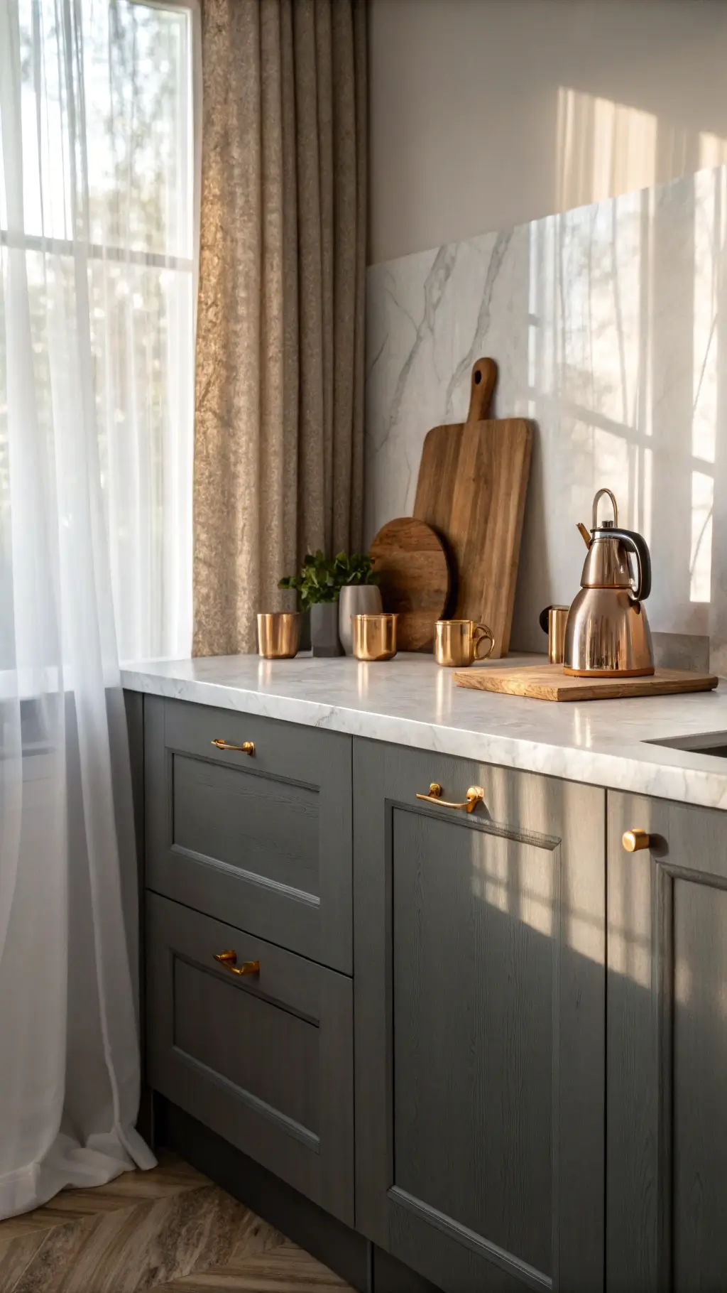 Dark grey matte kitchen cabinet corner with gold hardware, illuminated by soft morning light. White marble countertop holds a copper kettle and ceramic canisters. Wooden cutting boards lean against the backsplash, adding natural texture. Shadows and light reflections enhance the scene.