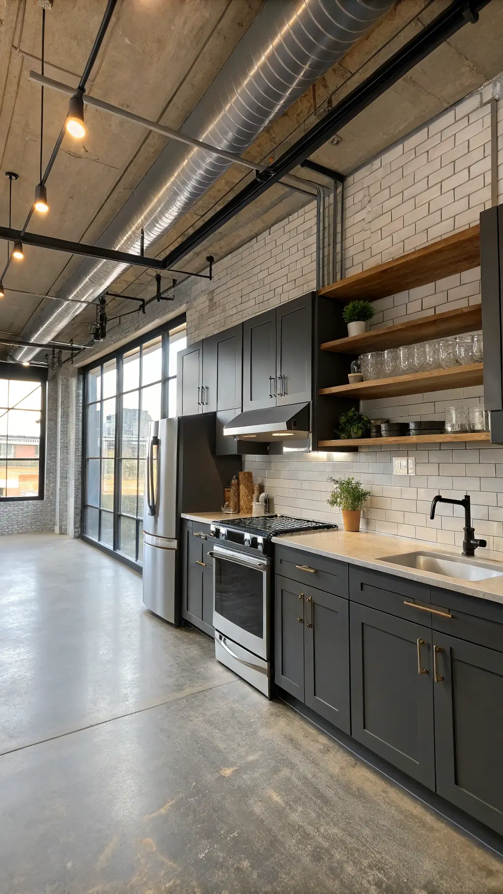 Industrial-modern kitchen with charcoal grey cabinets, stainless steel appliances, exposed ductwork, and floor-to-ceiling windows. Concrete floors, subway tile backsplash, and floating steel shelves in a 20ft open-concept space with afternoon lighting.