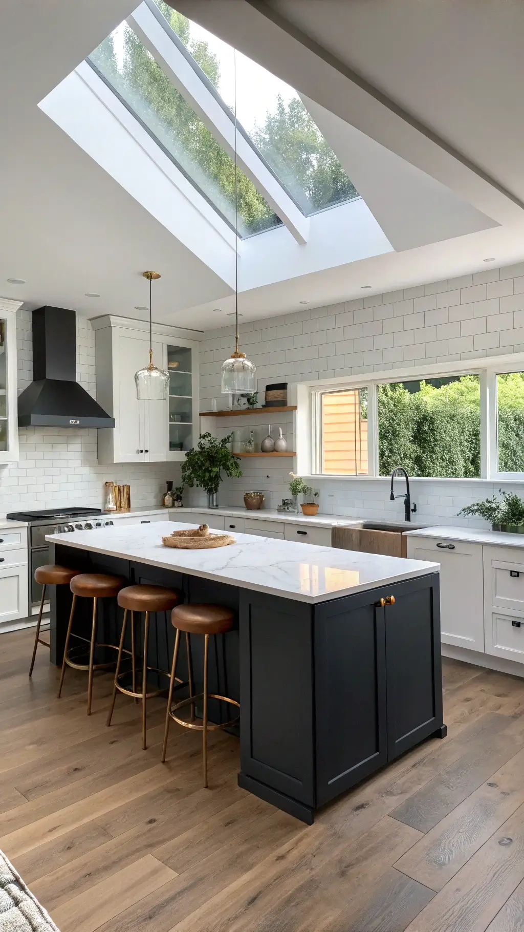 Bright kitchen with charcoal lower cabinets, white open shelving, a skylight, and mid-morning light casting geometric shadows. Waterfall quartz island with leather barstools and brass fixtures throughout. Shot from an elevated angle to highlight the layout.