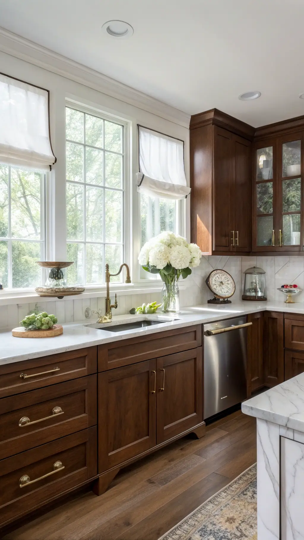 Bright transitional kitchen with cherry cabinets, stainless appliances, and white marble backsplash. Sheer-draped windows and soft lighting enhance airy feel. Styled corner features antique brass scale, wooden cutting boards, and hydrangeas in ceramic vase.