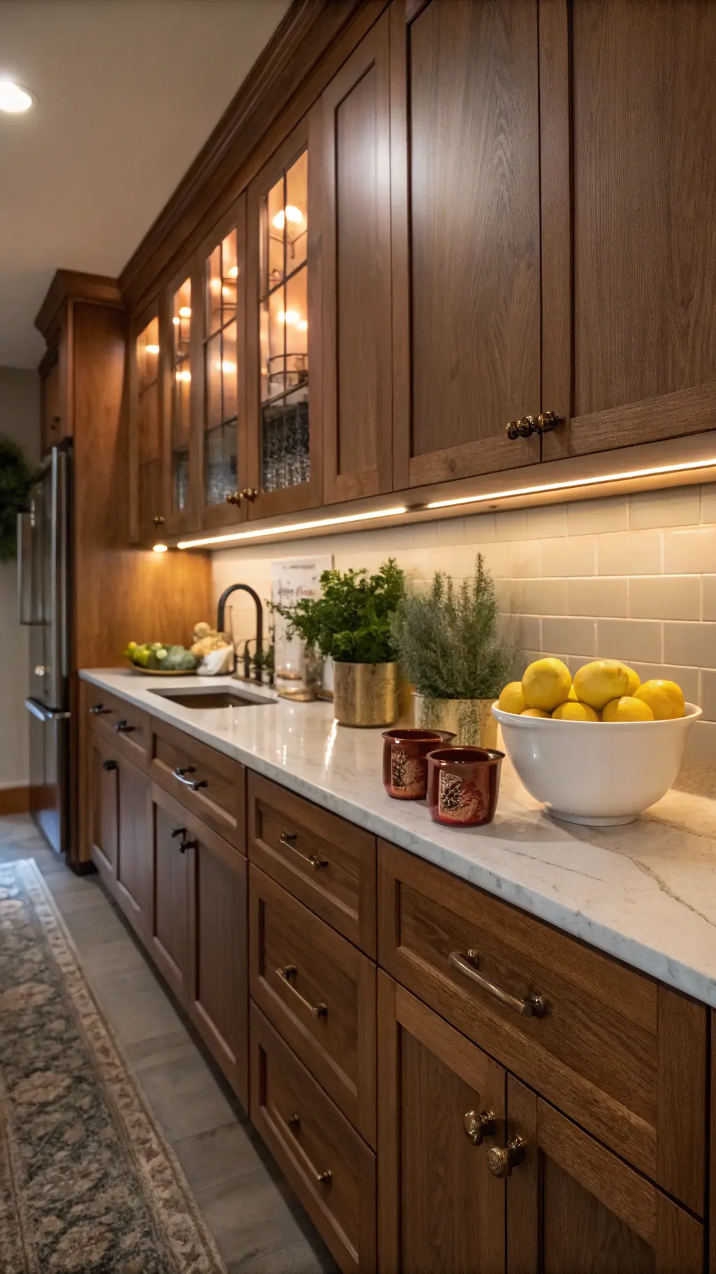 Warm, intimate kitchen scene with cherry wood cabinets, antique brass hardware, and under-cabinet lighting. Counter features copper Moscow mule mugs, a white bowl of lemons, and potted herbs. Cozy ambiance with atmospheric lighting highlighting rich wood tones.