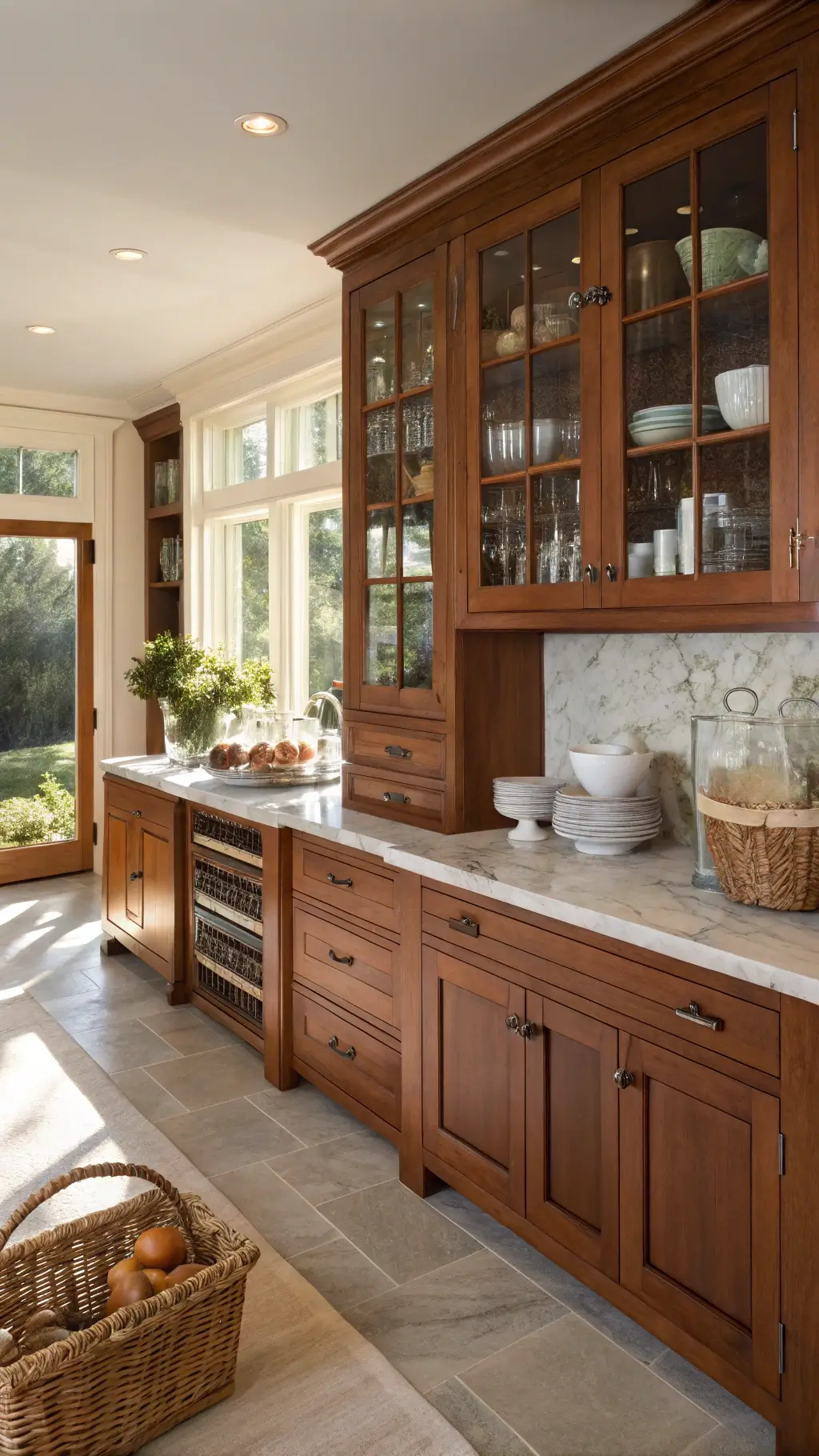 Sunlit open-concept kitchen with floor-to-ceiling cherry cabinets, glass uppers displaying white dinnerware, and brushed nickel handles. A central island features a woven basket with artisanal bread, a marble pestle and mortar, and cascading eucalyptus in a tall ceramic vase. Warm natural backlighting highlights cabinet edges.