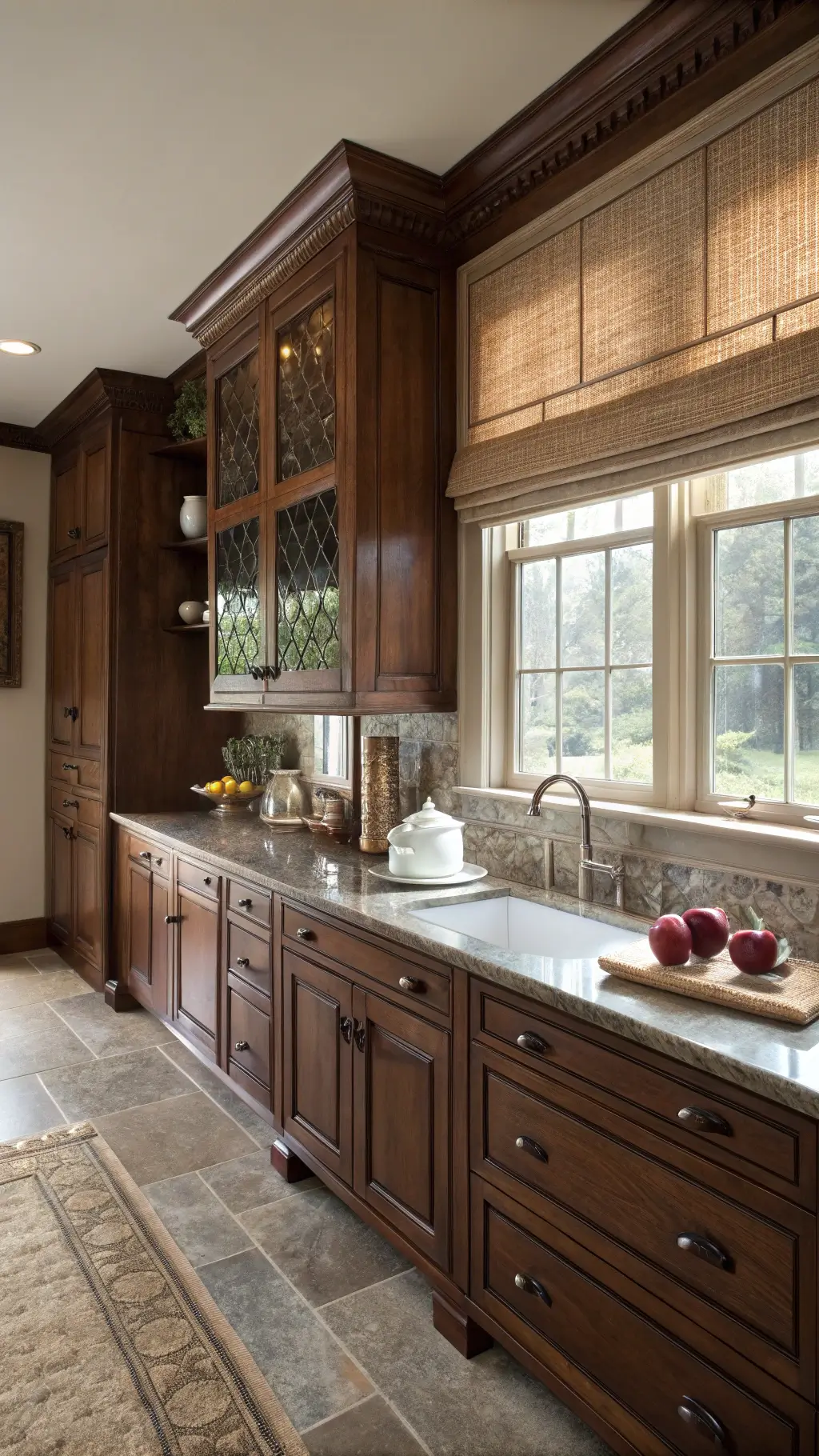 Moody morning kitchen with cherry cabinets, oil-rubbed bronze cup pulls, and woven Roman shade casting dappled light. Vintage copper tea set, white ceramic butter dish, and fresh figs on a wooden board style the counters. Low-angle shot emphasizes cabinet height and architectural details.