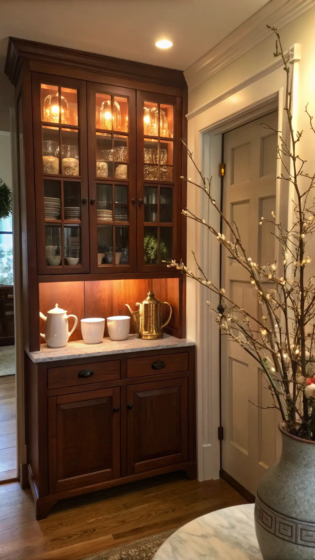 Cozy kitchen nook with cherry cabinet butler's pantry, glass doors, and interior lighting. Antique brass library lights highlight displayed copper mugs and white ironstone pieces. A tall ceramic vase with fresh magnolia branches adds an organic touch. Warm, inviting lighting enhances symmetry and depth.