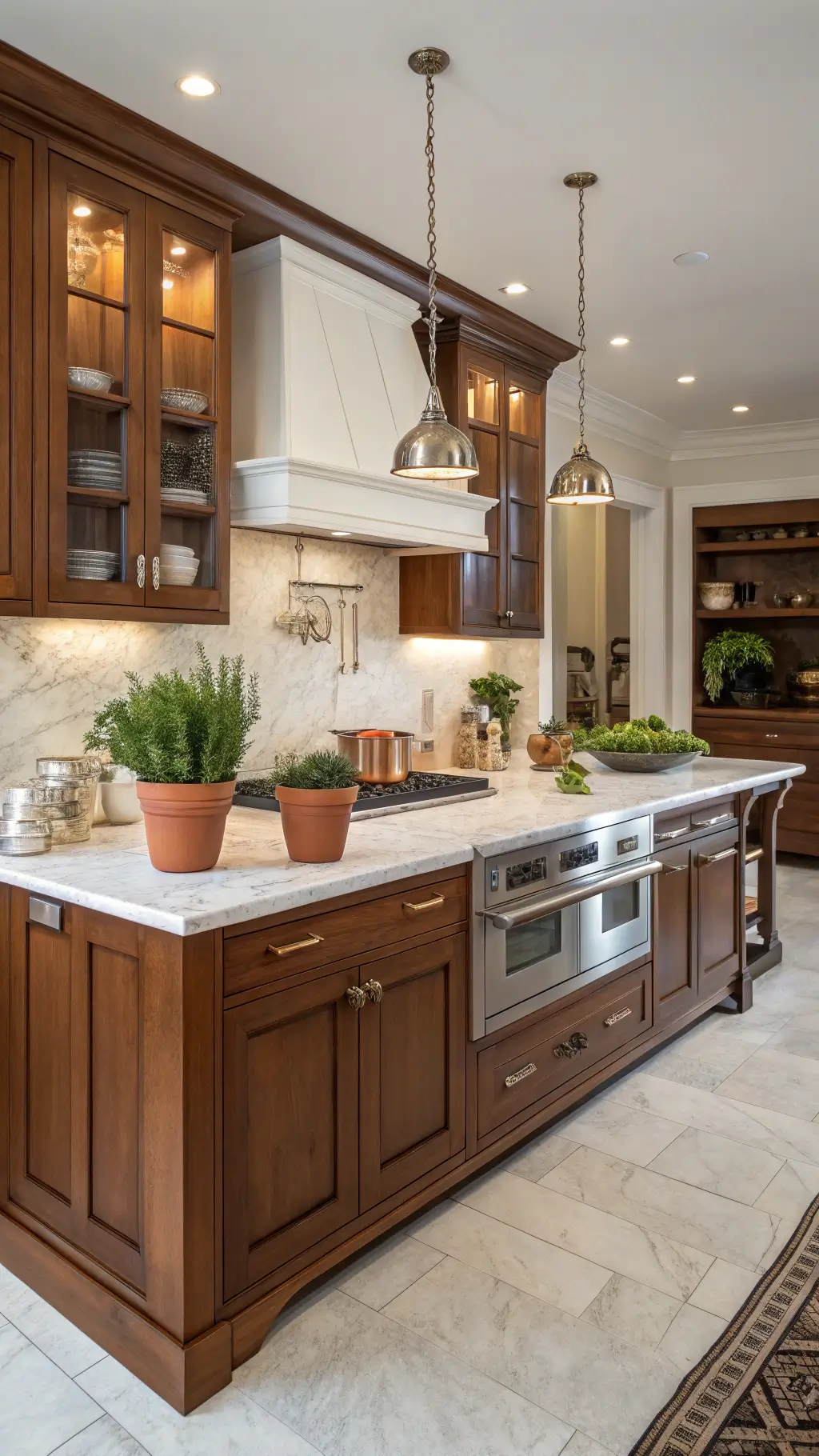 Early morning chef's kitchen with 16x18ft layout, floor-to-ceiling cherry cabinets with brushed nickel pulls. White marble waterfall island, copper pans, white ceramic canisters, and terracotta potted herbs. Golden hour lighting enhances warmth, shot from the corner for depth.