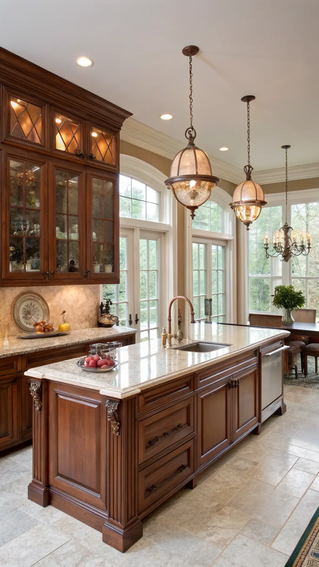 A luxurious 12x15ft kitchen with rich cherry wood cabinets, cream marble countertops, and a center island, bathed in warm morning light from large east-facing windows. Copper cookware hangs from a ceiling-mounted rack, and glass pendant lights with Edison bulbs add ambiance.
