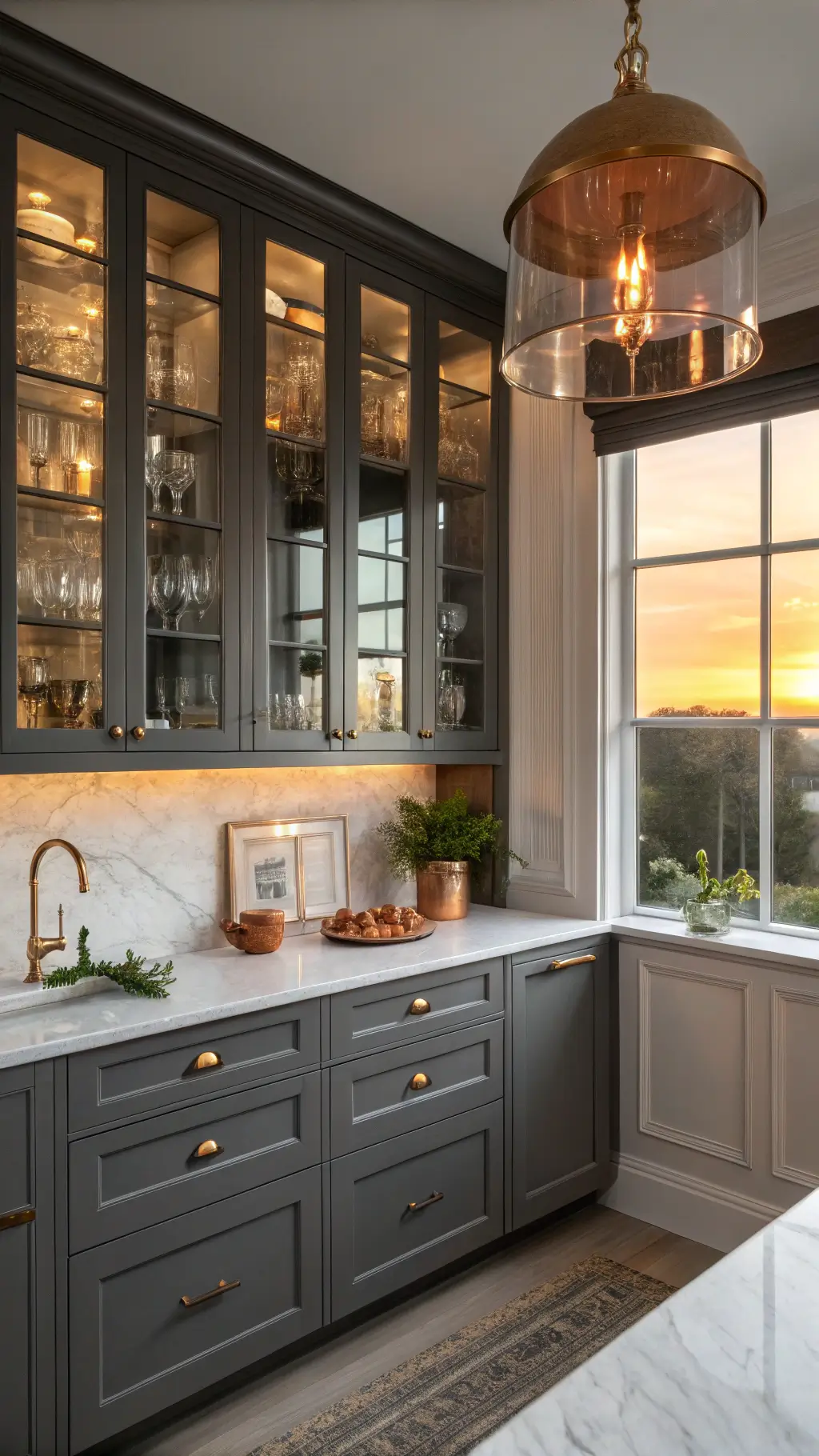 Corner kitchen nook at golden hour with dark grey floor-to-ceiling cabinets, brushed gold hardware, and glass-front uppers displaying crystal stemware. White marble countertops with subtle veining. An oversized copper pendant light casts a warm glow, while fresh herbs in terracotta pots sit on the windowsill. Dramatic shadows and highlights enhance the luxurious atmosphere.