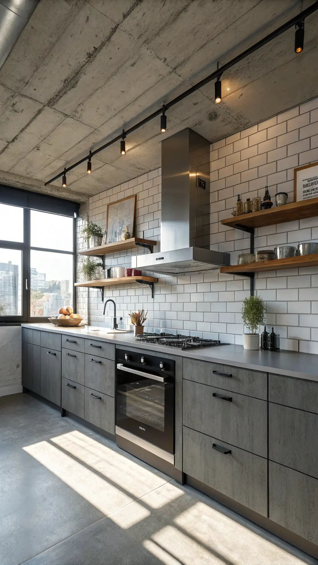 Industrial-chic kitchen with smoky grey cabinets, stainless steel appliances, black matte hardware, and white subway tile backsplash. Floating wooden shelves with minimalist pottery. Linear LED lighting casting shadows. Cool morning light through factory-style windows.