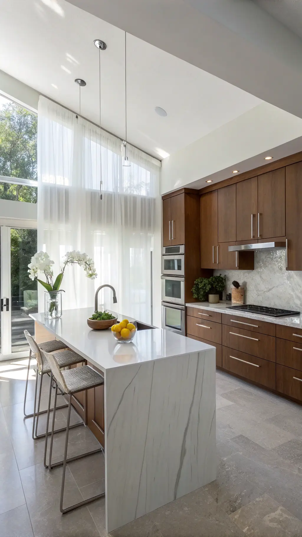 Modern open-concept kitchen with cherry slab-front cabinets, white quartz waterfall island, and stainless appliances. Morning sunlight filters through sheer white curtains. Minimalist decor with an orchid plant and geometric fruit bowl. Wide-angle view emphasizing clean lines and layout flow.