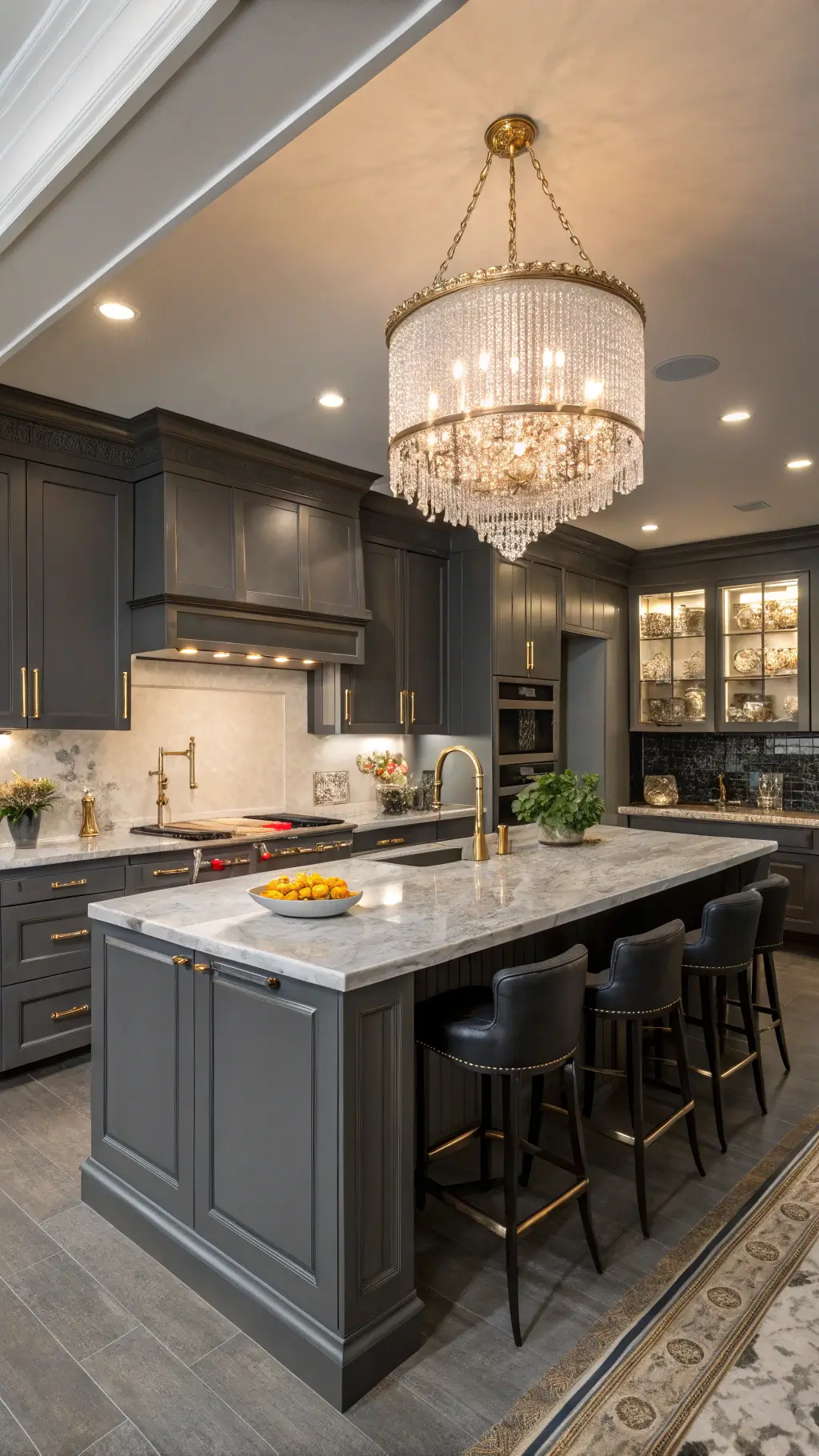 L-shaped kitchen with dark grey shaker cabinets, dramatic lighting, and a crystal chandelier over an 8-foot marble island. A brass pot rail sits above a commercial-grade range, with an antique mirror backsplash reflecting warm accent lighting. Leather barstools add texture, and professional lighting enhances metallic accents for a glamorous yet functional atmosphere.