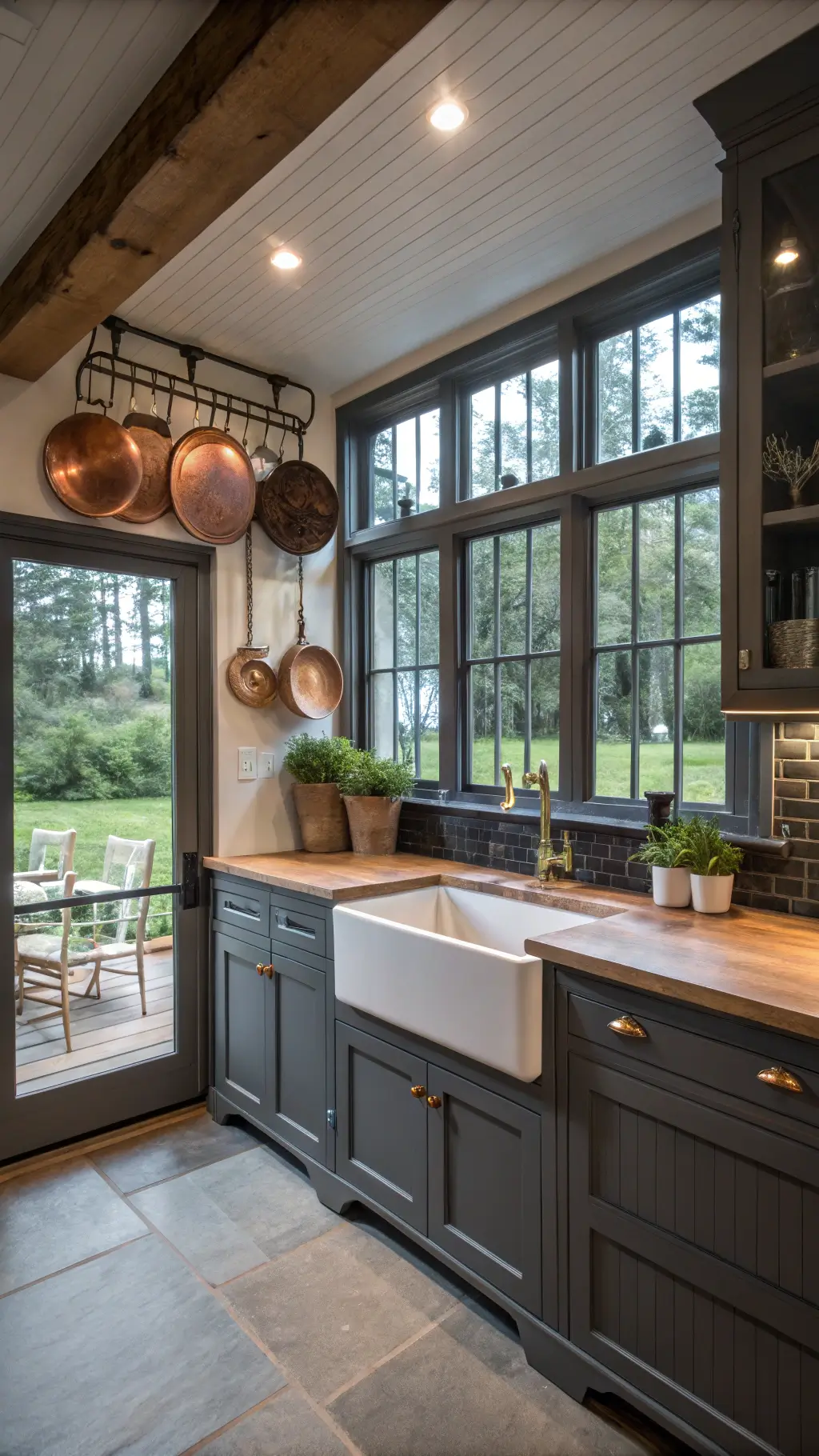 Farmhouse-modern kitchen with charcoal grey beadboard cabinets, a butcher block island, and vintage copper pots hanging from a ceiling rack. A white ceramic farmhouse sink with a brass faucet sits beneath double-height windows showcasing garden views. The space is illuminated with mixed lighting during blue hour, creating a rustic yet elegant ambiance.