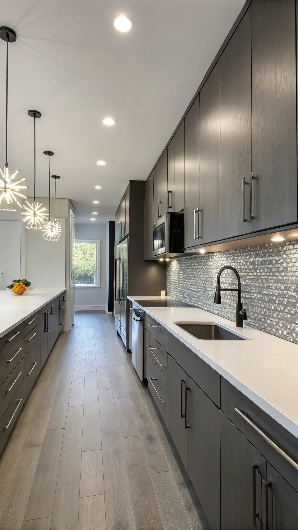 Sleek contemporary galley kitchen with dark grey handleless cabinets, white Corian waterfall countertops, metallic mosaic backsplash, and integrated appliances. Linear pendant lights enhance symmetry, with afternoon light casting strong shadows.