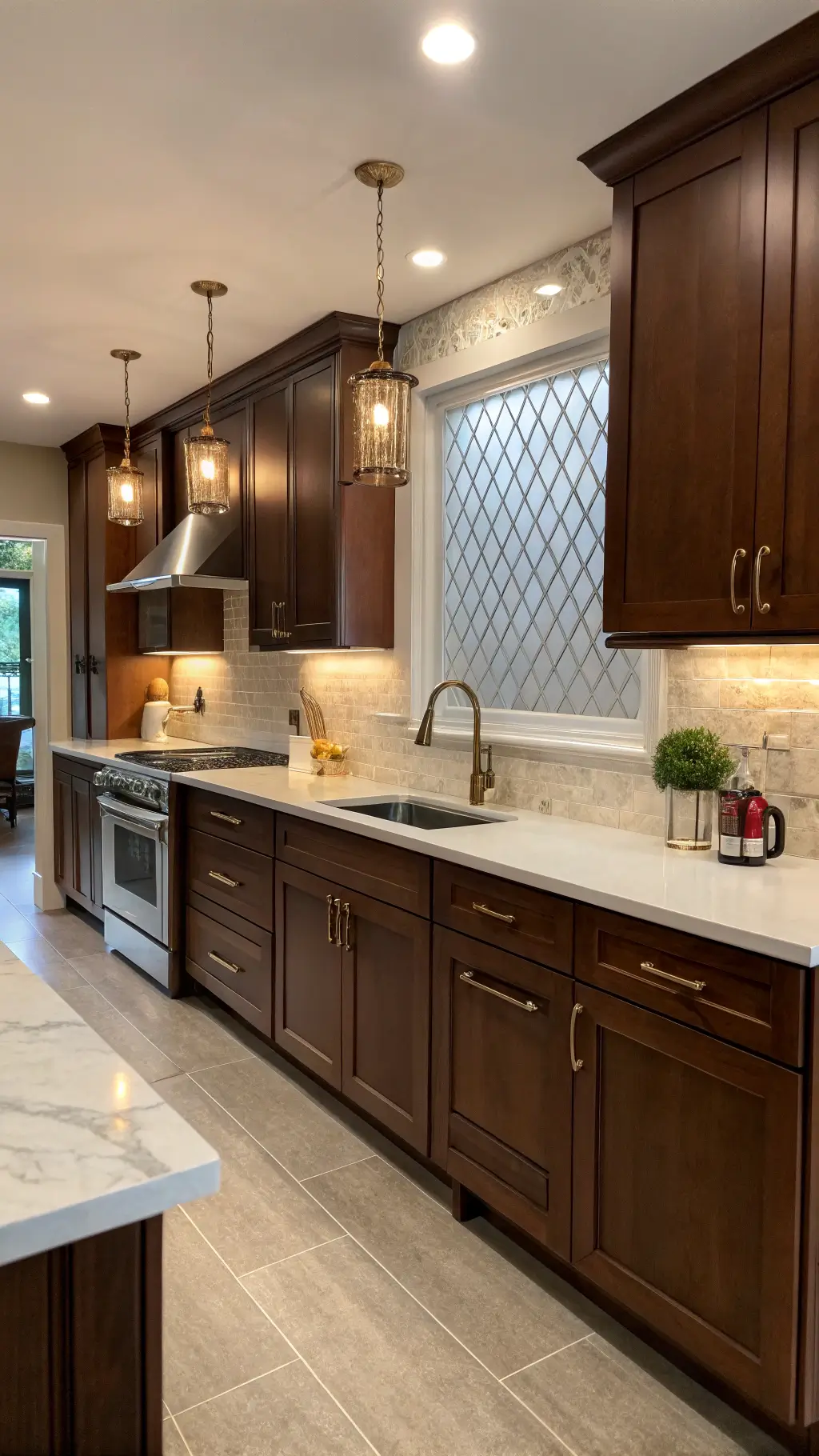 Transitional kitchen with cherry shaker cabinets, warm white quartz counters, and a waterfall island. Mixed metal accents include a brushed gold faucet and matte black hardware. Cream-toned geometric backsplash complements soft recessed lighting, casting subtle shadows for evening ambiance.