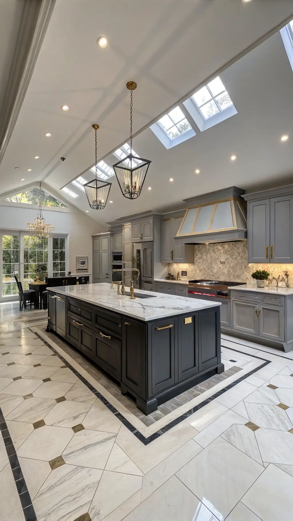 Open-concept kitchen with two-tone grey cabinets, vaulted ceiling with skylights, marble waterfall island, mixed metal fixtures, geometric tile floor, and airy, luxurious lighting.