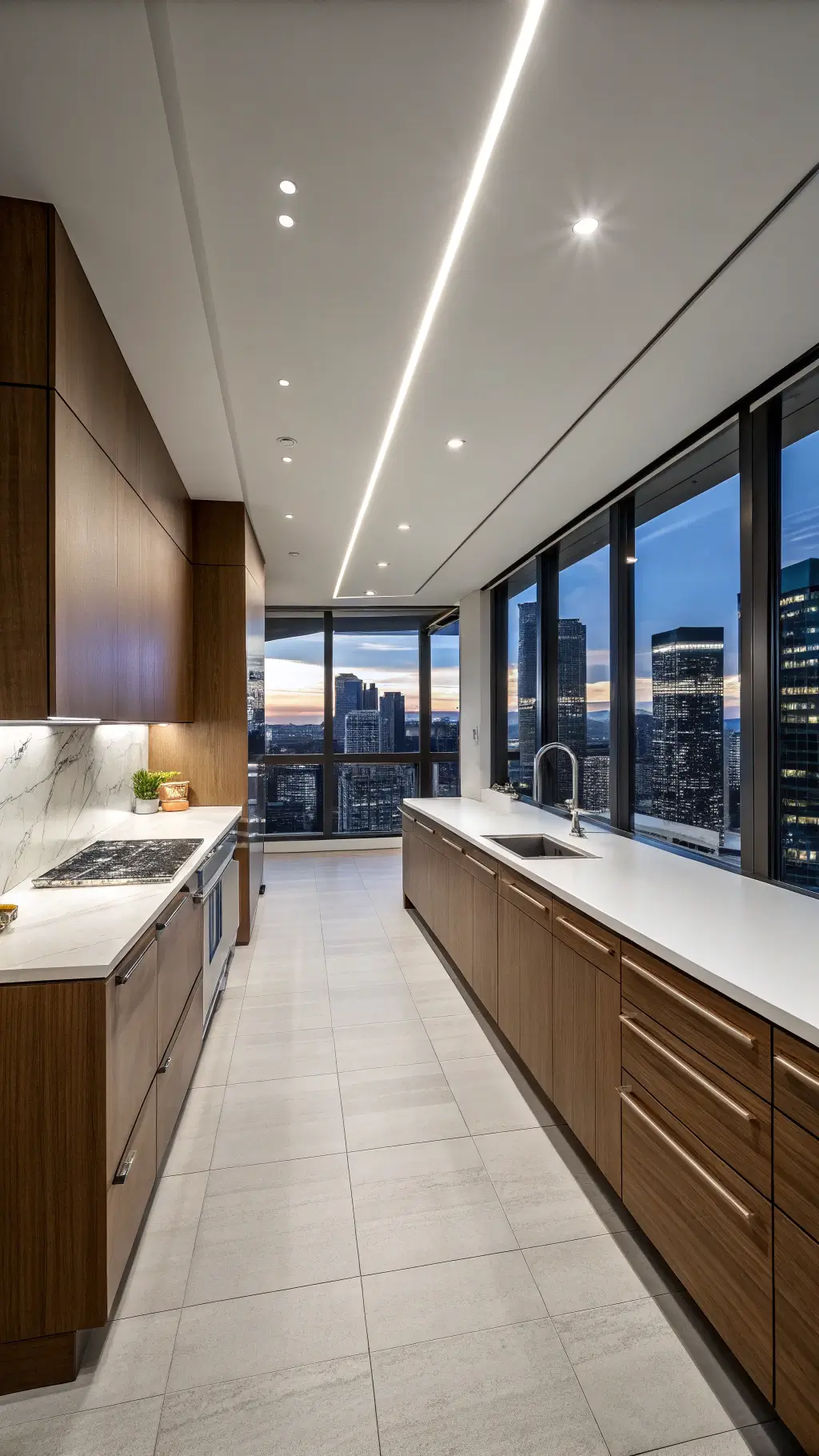 Contemporary kitchen with horizontal-grain cherry cabinets, white solid surface counters, and dramatic evening lighting from linear LED fixtures. Floor-to-ceiling windows showcase city views. Clean lines and geometric composition emphasize minimalist design.