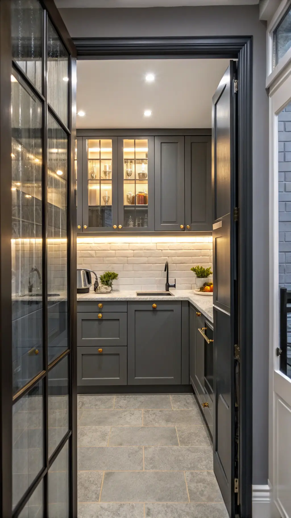 Compact urban kitchen with dark grey cabinets, glass-front uppers with lighting, mirrored backsplash, and a white quartz floating breakfast bar. Contemporary track lighting enhances the warm evening ambiance.