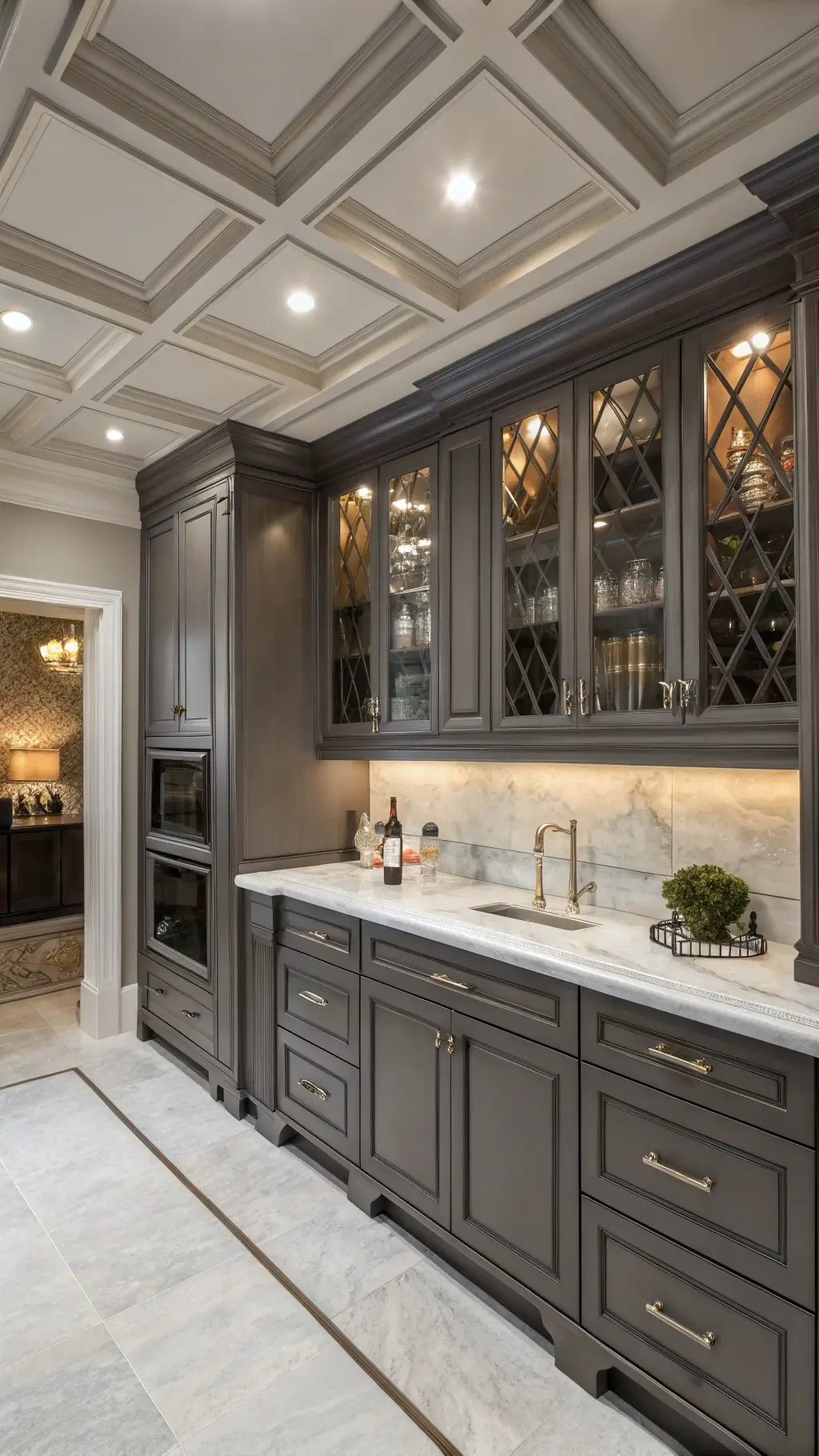 Elegant kitchen with charcoal grey raised-panel cabinets, coffered ceiling, recessed lighting, built-in wine storage with glass doors, Calacatta marble counters and backsplash, and polished nickel hardware. Symmetrical composition with professional lighting.