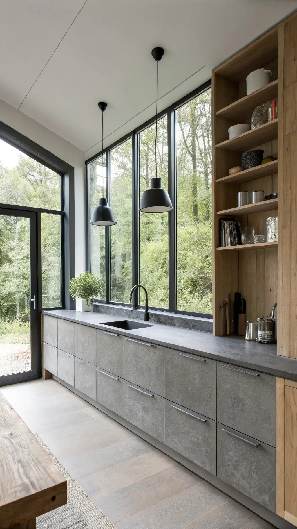 Nordic-inspired kitchen with slate grey slab cabinets, double-height black-framed windows, pale wood open shelving, and concrete countertops with an integrated sink. Matte black minimalist pendant lights hang above, with natural and subtle fill lighting creating a serene, minimal atmosphere.