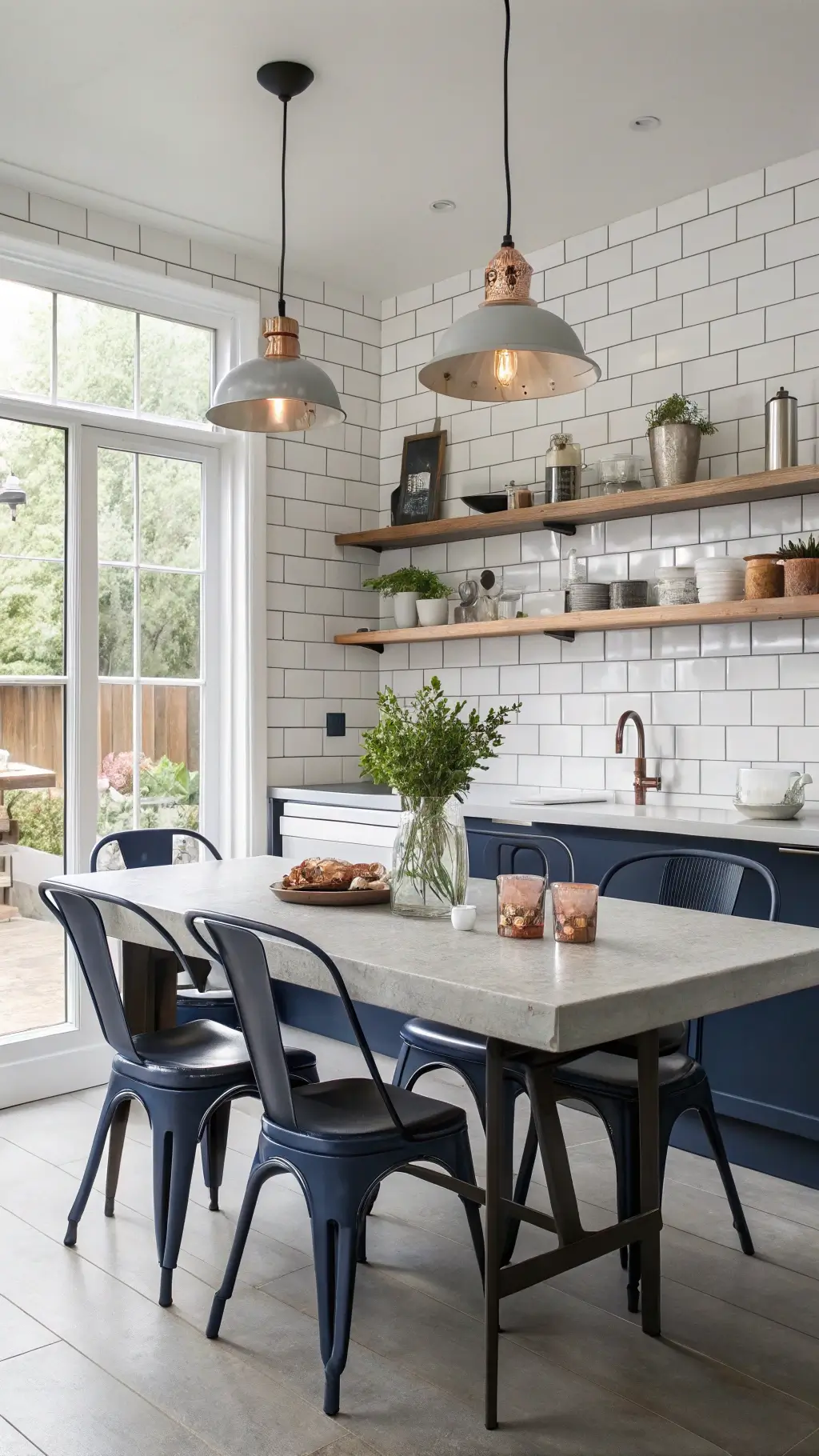 Bright kitchen-diner with a concrete table and navy Tolix chairs. White oak shelves display modern ceramics and antique copper molds. Edison bulb pendant lights cast a warm glow. Subway tiles with dark grout add texture. Viewed through an interior window for depth.