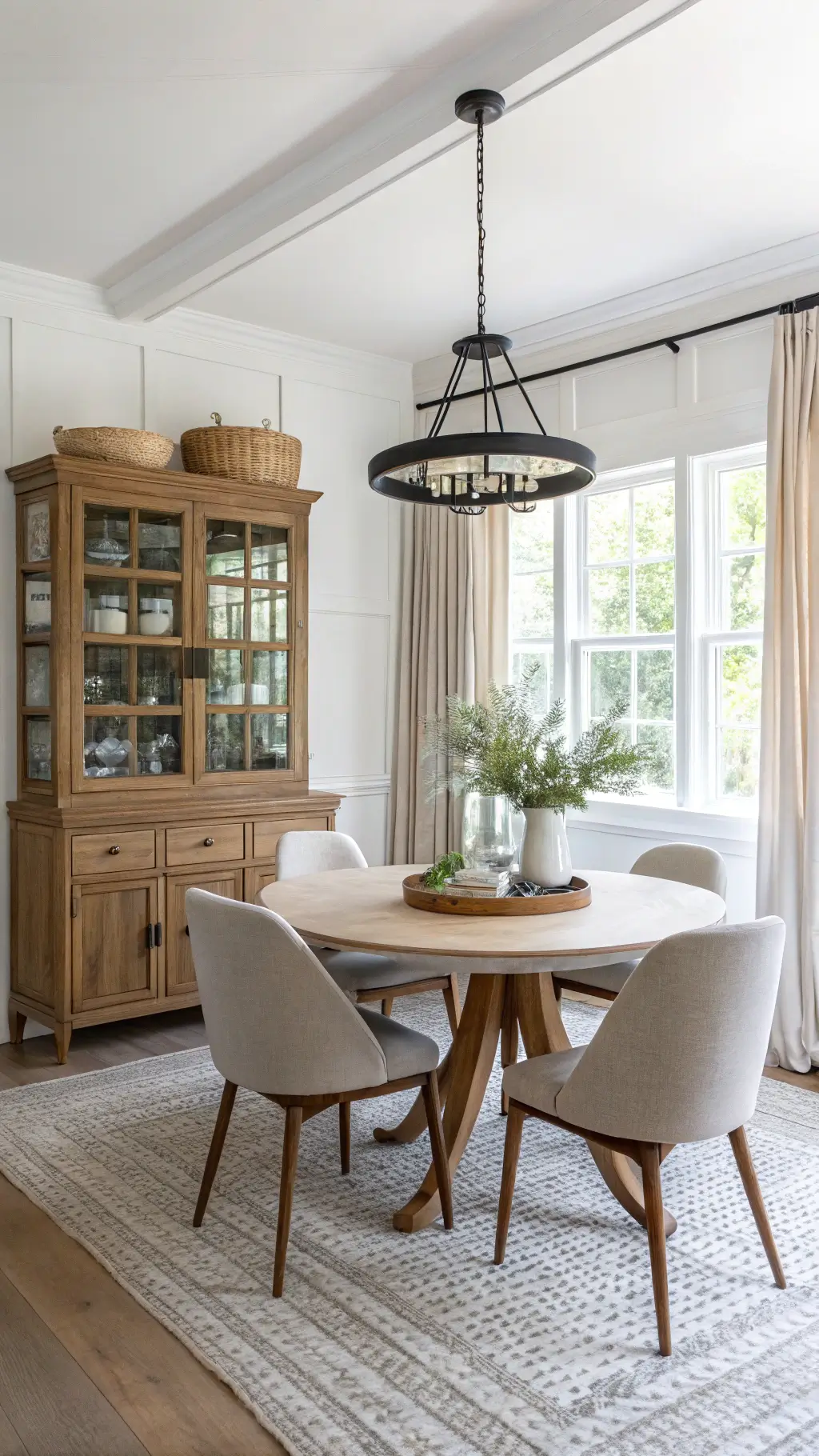 Airy dining space with natural light, featuring a white oak table, mid-century chairs, a vintage apothecary cabinet, and a black linear chandelier. Textural elements include a sisal rug, linen drapes, and brass and pewter accents.