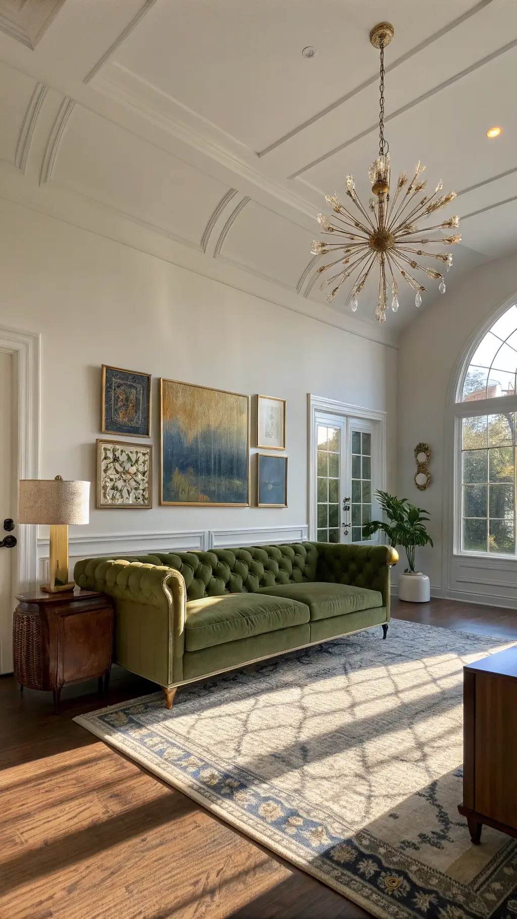 A sunlit 15x20ft living room at golden hour with a 12ft ceiling and crown molding. A moss green vintage Chesterfield sofa sits against a warm white wall (Benjamin Moore 'Swiss Coffee'). A modern brass sputnik chandelier casts shadows overhead. A mid-century walnut sideboard holds contemporary abstract art in blues and golds. Layered vintage Persian and modern geometric rugs cover the floor. Natural light streams through floor-to-ceiling windows, enhancing brass accents and rich textures.