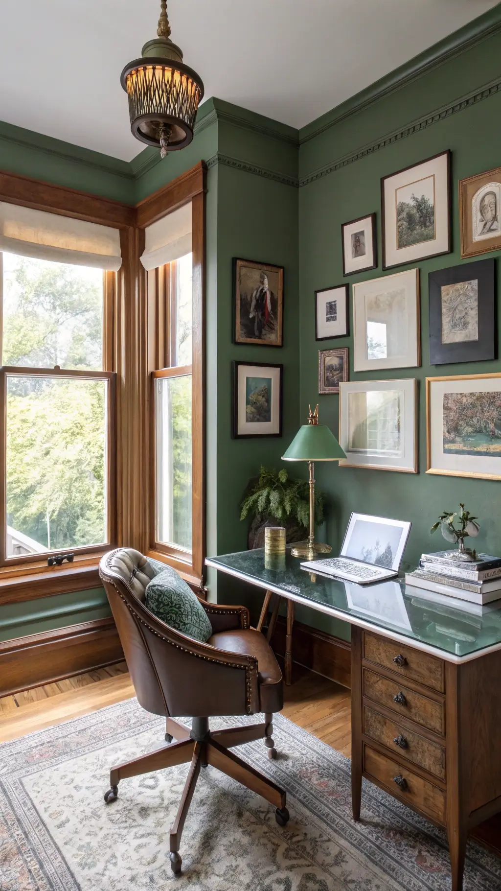 Intimate 12x14ft home office with Victorian bay windows, emerald green accent wall, modern glass-top desk, and antique leather captain's chair. A gallery wall features vintage botanical prints and contemporary photography in brass frames. Warm morning light and a vintage brass task lamp enhance the room’s character.