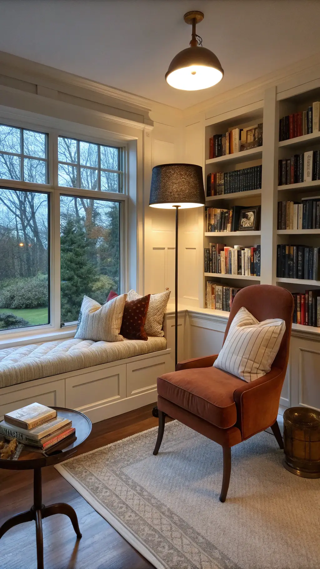 Cozy 10x12ft reading nook at twilight with a built-in window seat featuring cream linen channel-tufted cushions. A vintage floor lamp with a contemporary drum shade casts warm light. Floor-to-ceiling bookshelves mix antique leather-bound books with modern coffee table books. A burnt orange velvet accent chair from Room & Board sits beside a modern brass side table. The shot from the corner emphasizes depth, blending natural twilight with warm artificial lighting.