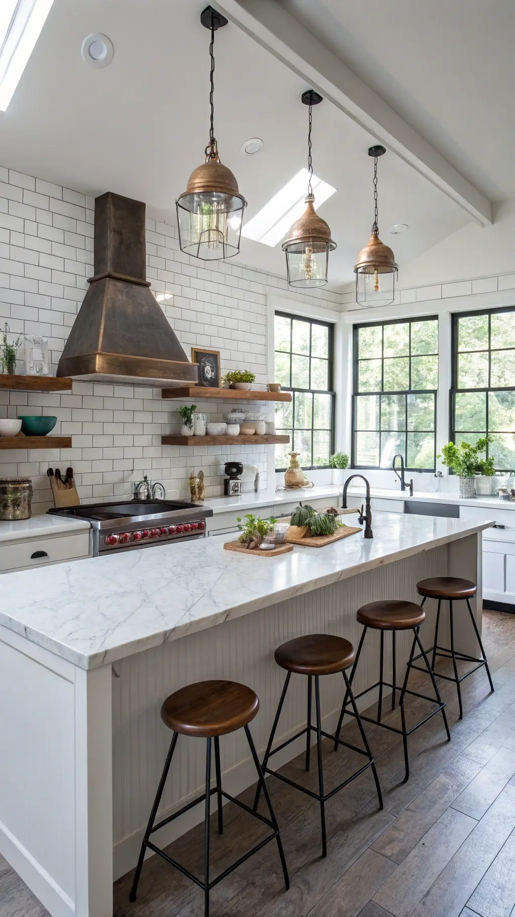 Bright, modern 14x16ft kitchen with a waterfall marble island, vintage industrial bar stools, and restored 1920s pendant lights. Open shelving displays antique copper cookware and modern ceramics. Subway tile backsplash with dark grout contrasts with contemporary appliances. Steel-framed windows let in morning light, emphasizing texture contrasts and the efficient workflow triangle.